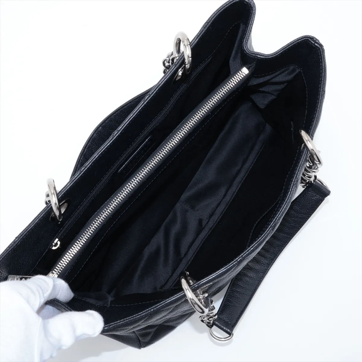 GST Caviar Skin Chain Tote Bag, Black with Silver Hardware, 17718926, Serial Number 17, A50995 — view 7