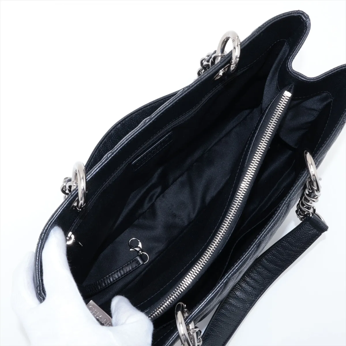 GST Caviar Skin Chain Tote Bag, Black with Silver Hardware, 17718926, Serial Number 17, A50995 — view 8