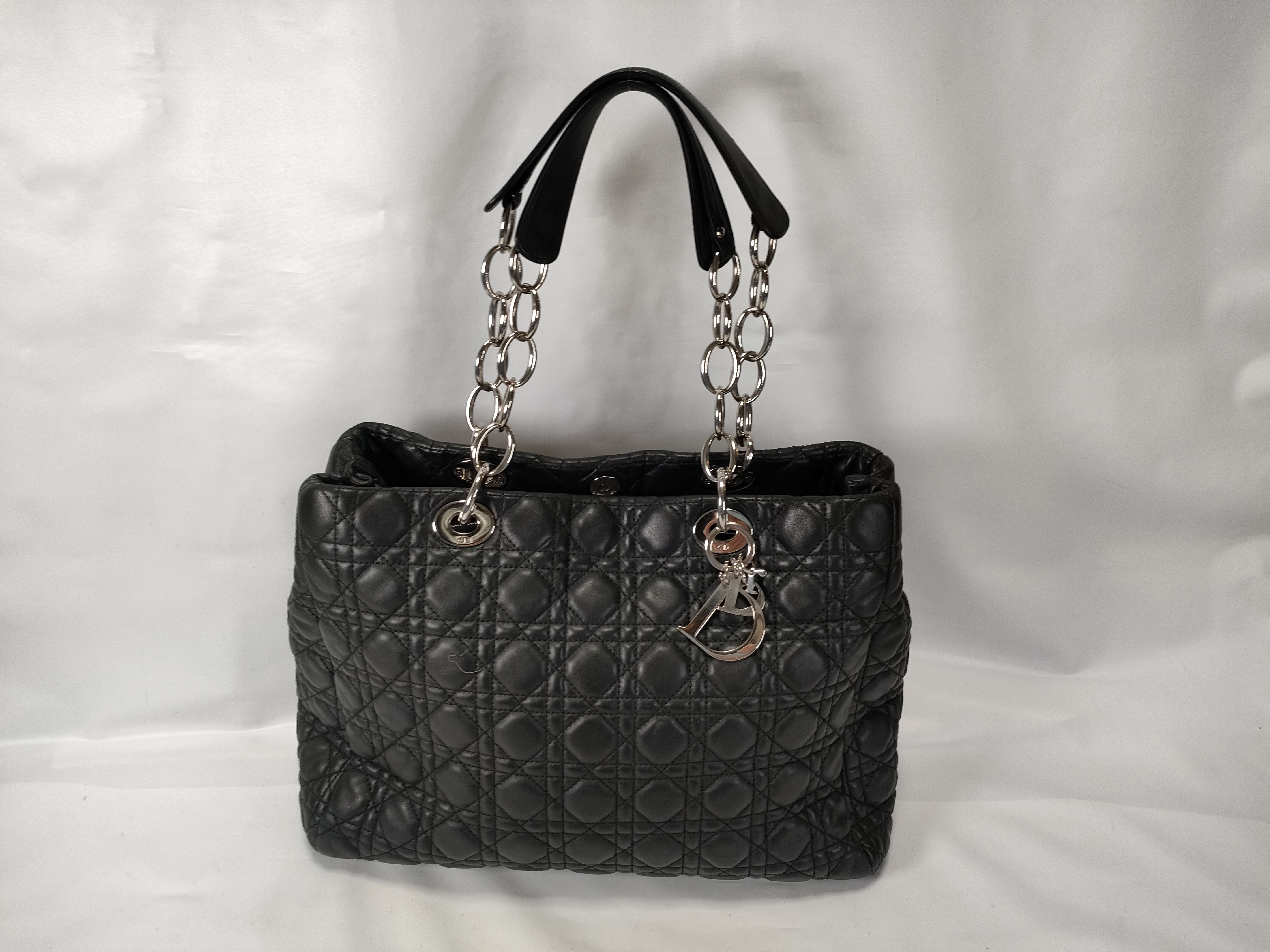 Cannage Leather Chain Tote Bag, Black Tote Bag