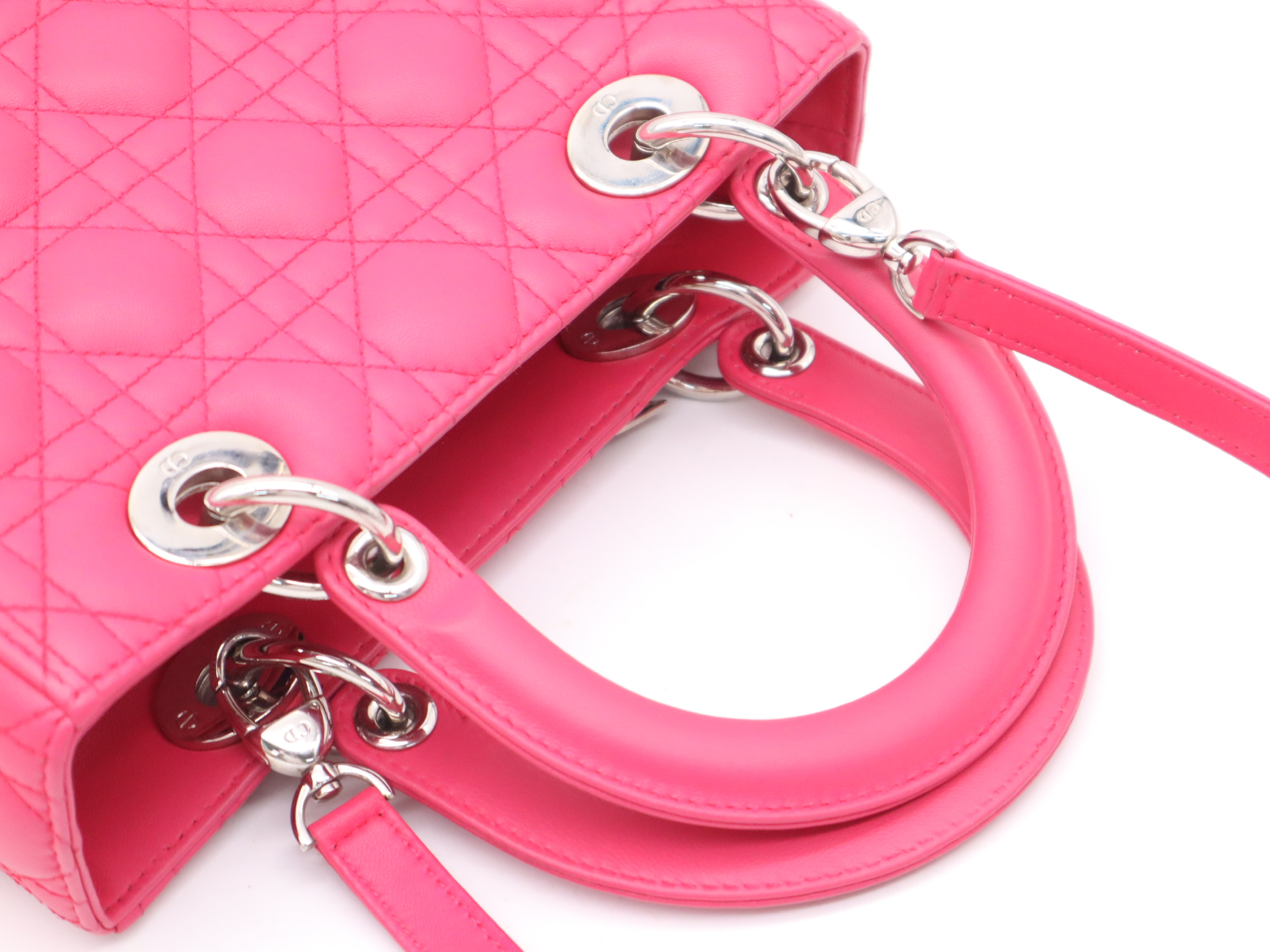 Leather Lady Dior Handbag with Shoulder Strap, Pink — view 6