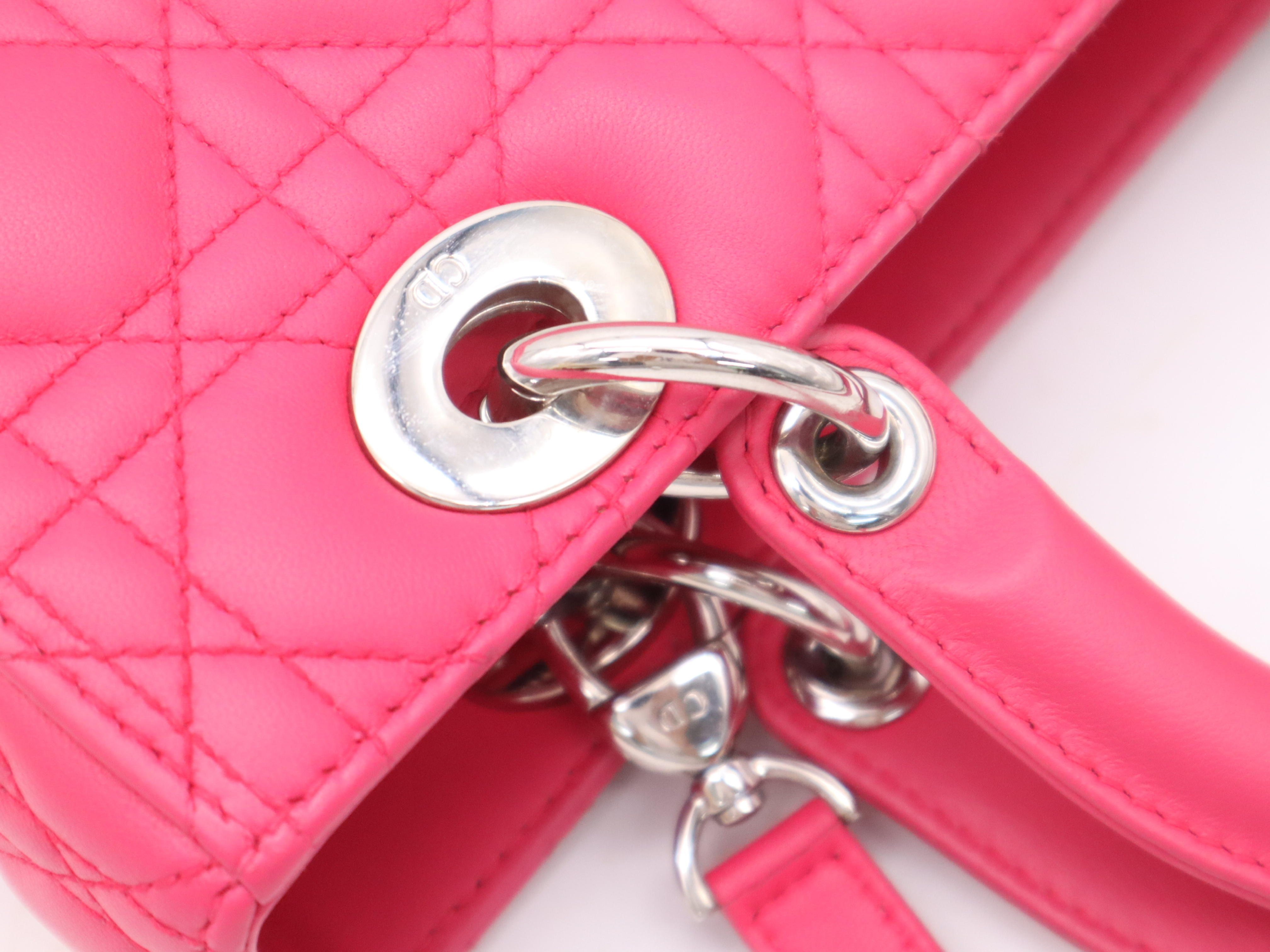 Leather Lady Dior Handbag with Shoulder Strap, Pink — view 7
