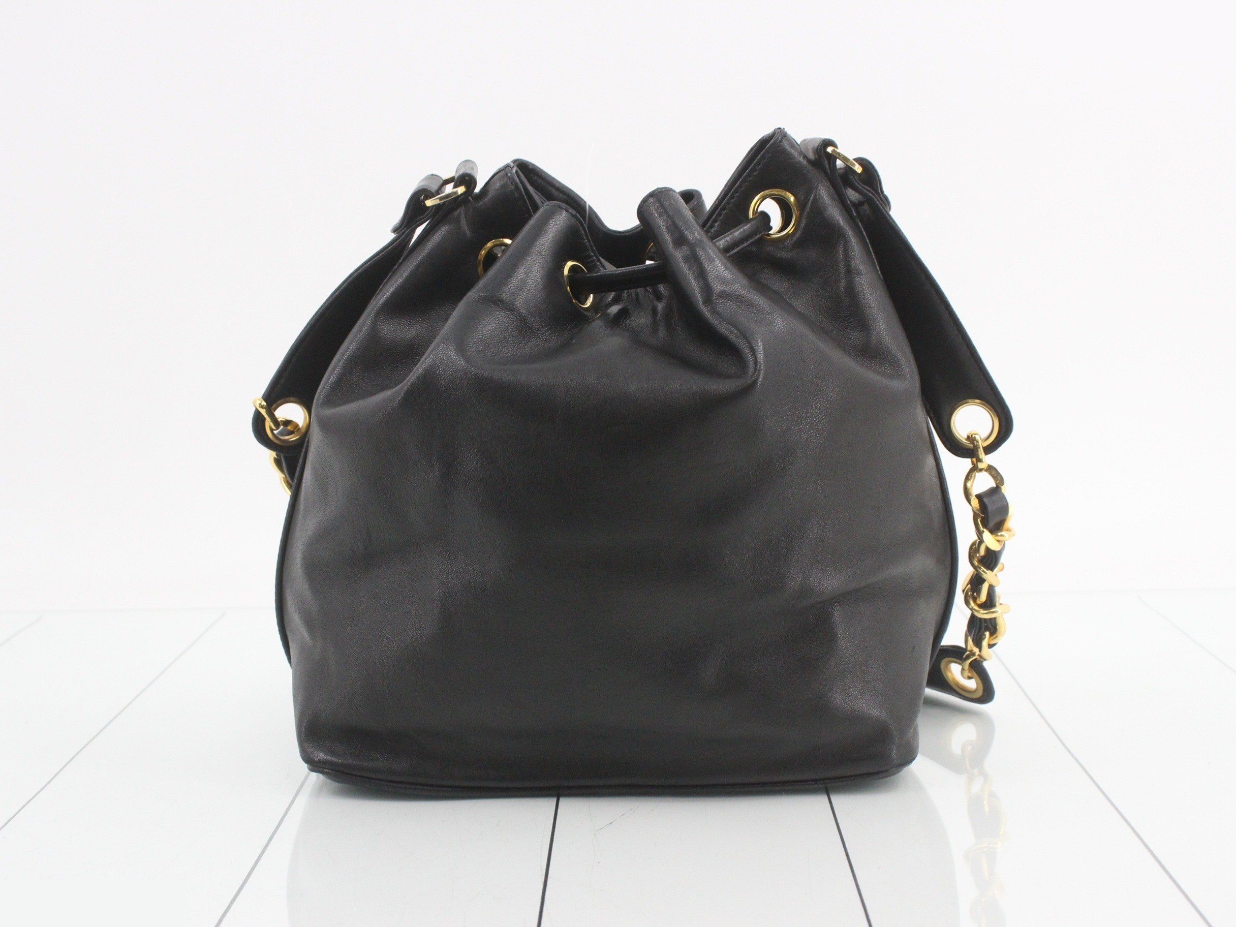 Item #1: Drawstring chain shoulder bag, lambskin, black — view 2