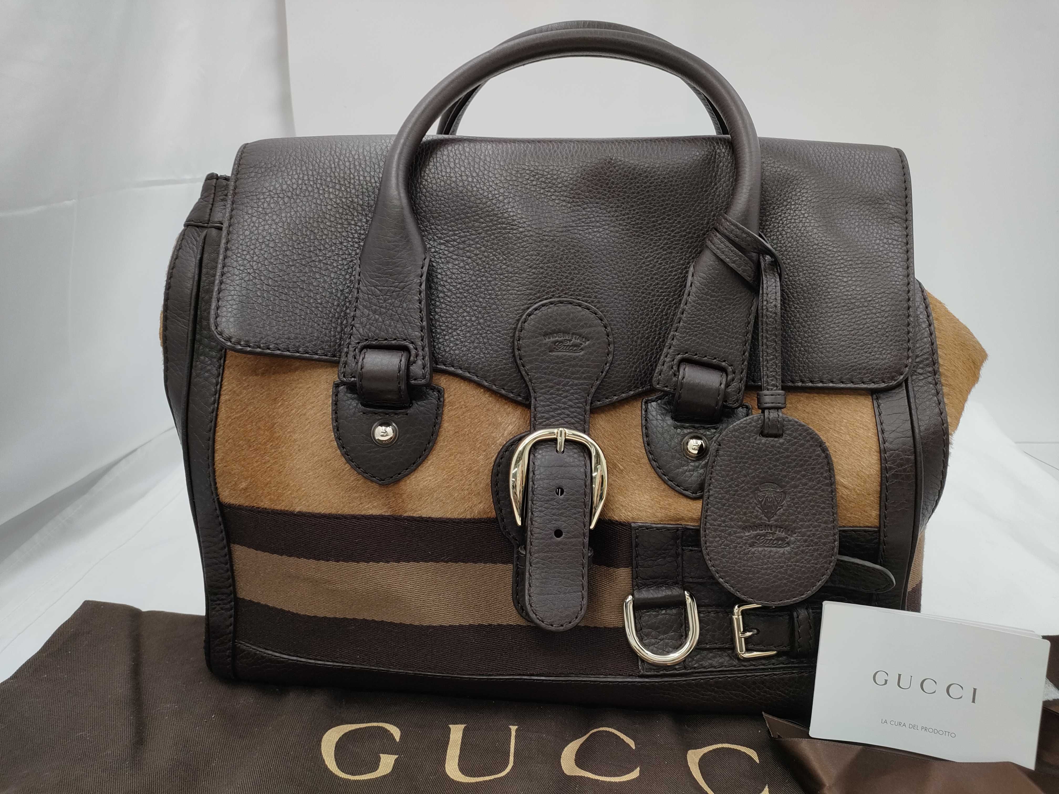(Gucci) Haircalf Sherry Line Leather D-ring Name Tag Handbag, Dark Brown, with Dust Bag