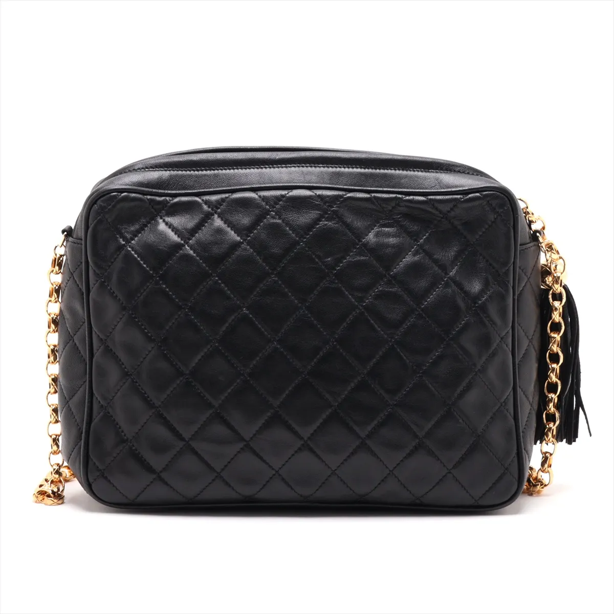 Matelassé Lambskin Chain Shoulder Bag, Black with Gold Hardware — view 2