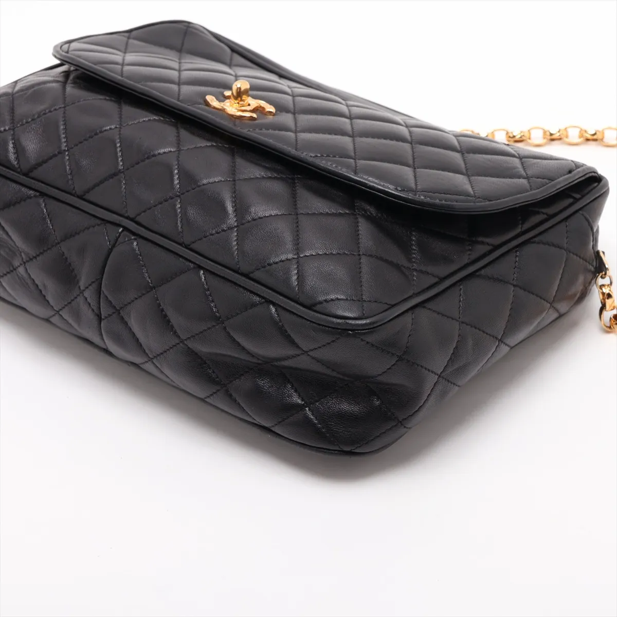 Matelassé Lambskin Chain Shoulder Bag, Black with Gold Hardware — view 3