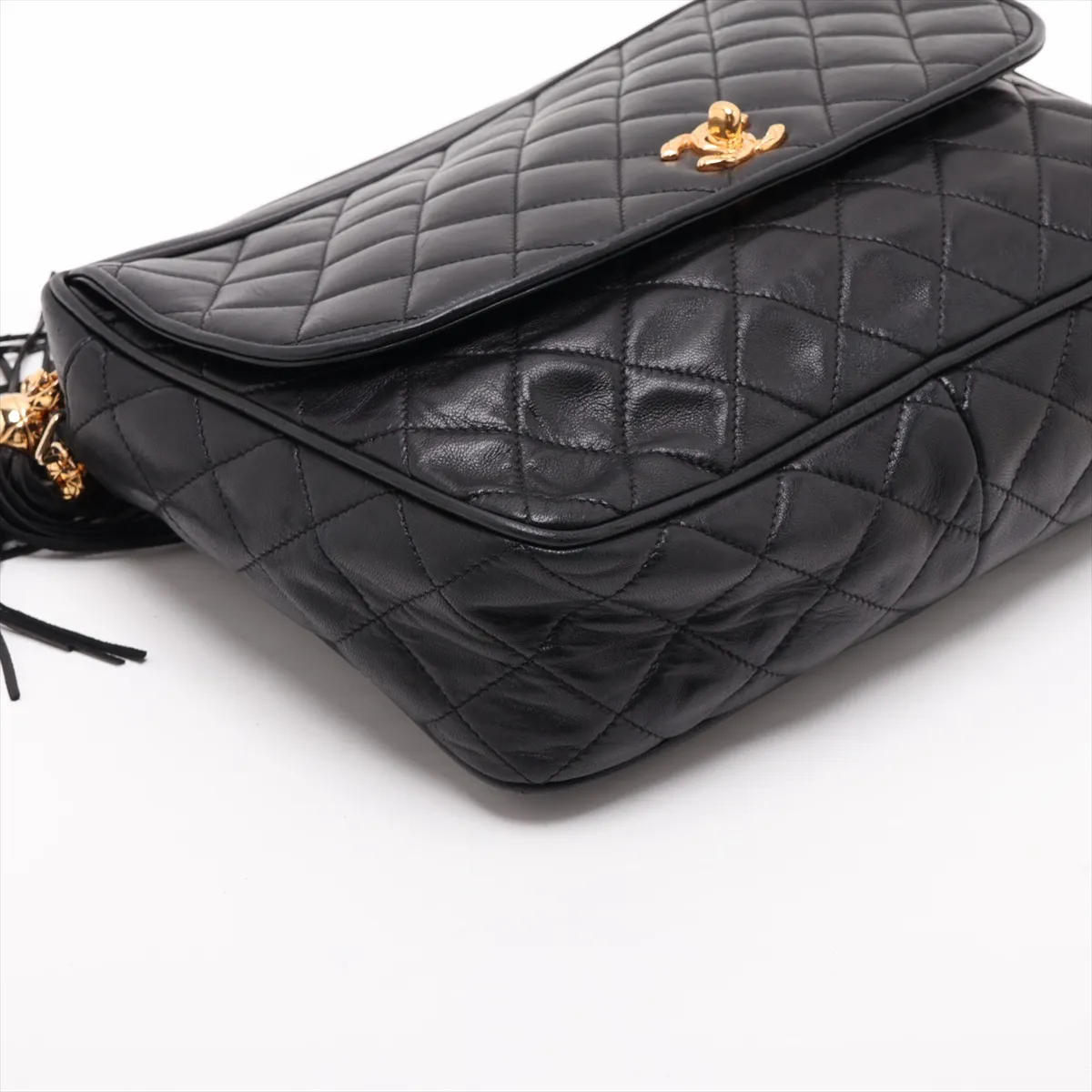 Matelassé Lambskin Chain Shoulder Bag, Black with Gold Hardware — view 4