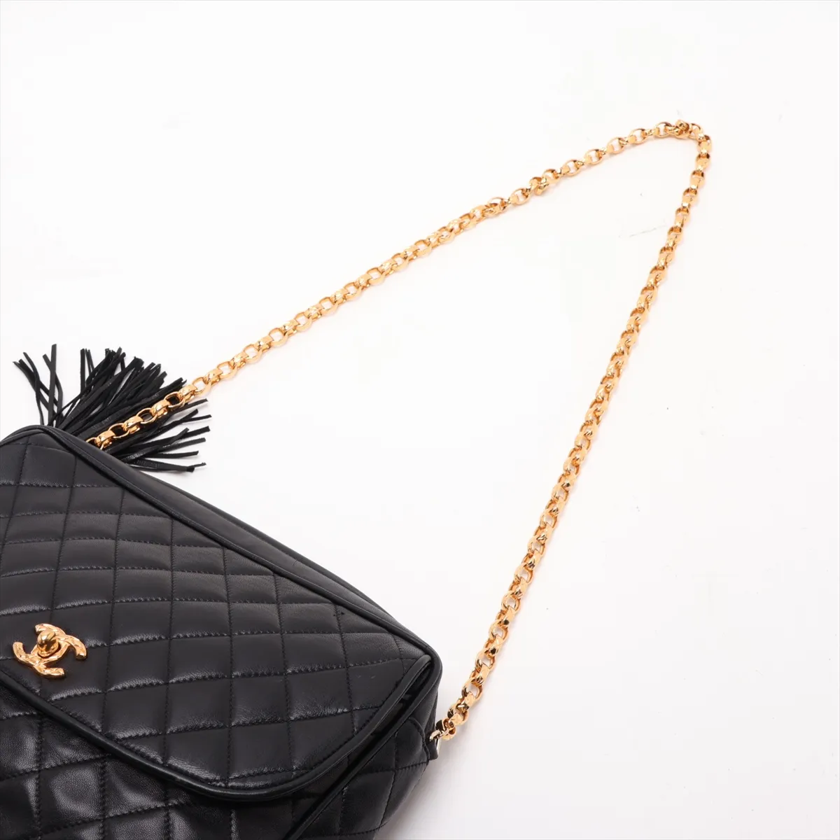 Matelassé Lambskin Chain Shoulder Bag, Black with Gold Hardware — view 5