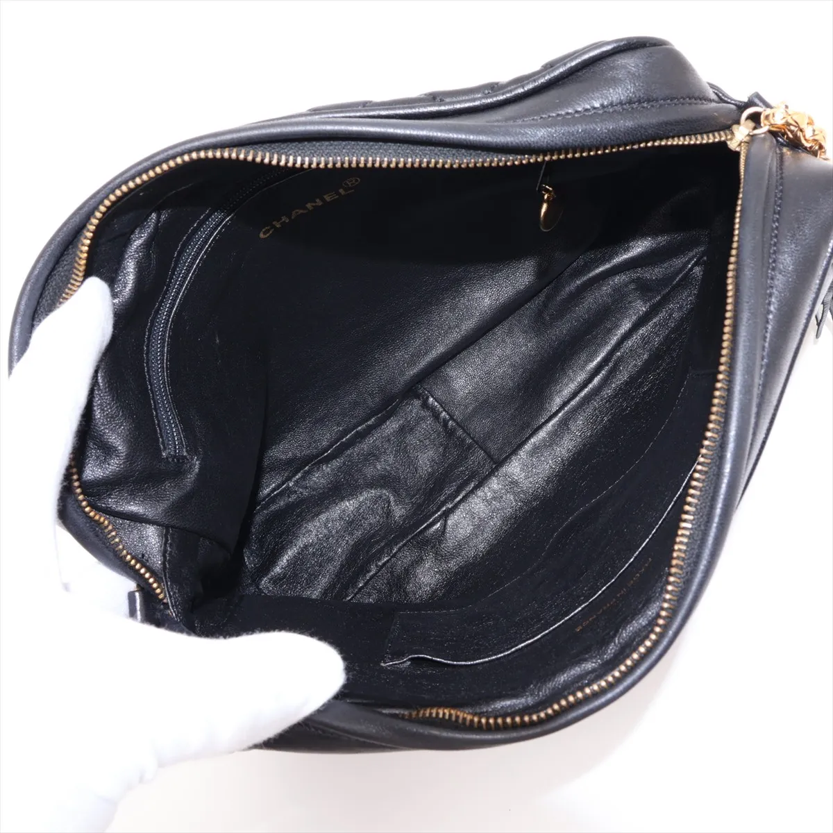 Matelassé Lambskin Chain Shoulder Bag, Black with Gold Hardware — view 6
