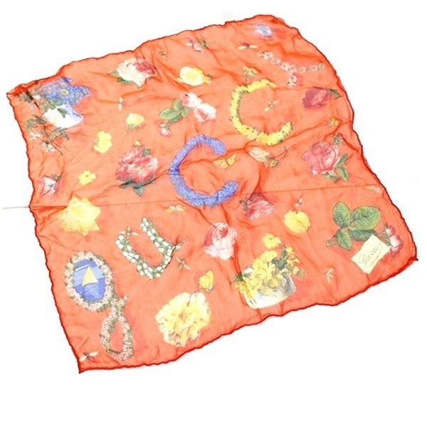 mini silk scarf, floral pattern, orange, with tag.