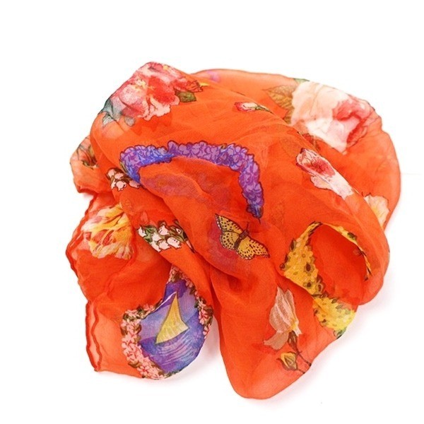 mini silk scarf, floral pattern, orange, with tag. — view 3