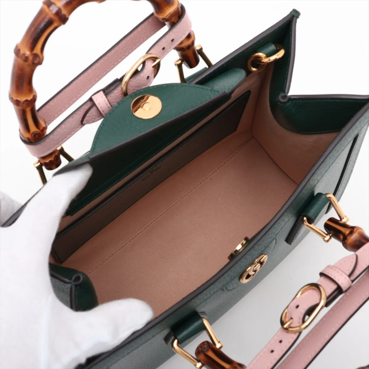 Bamboo Leather 2-Way Handbag, Green, 702721 — view 8
