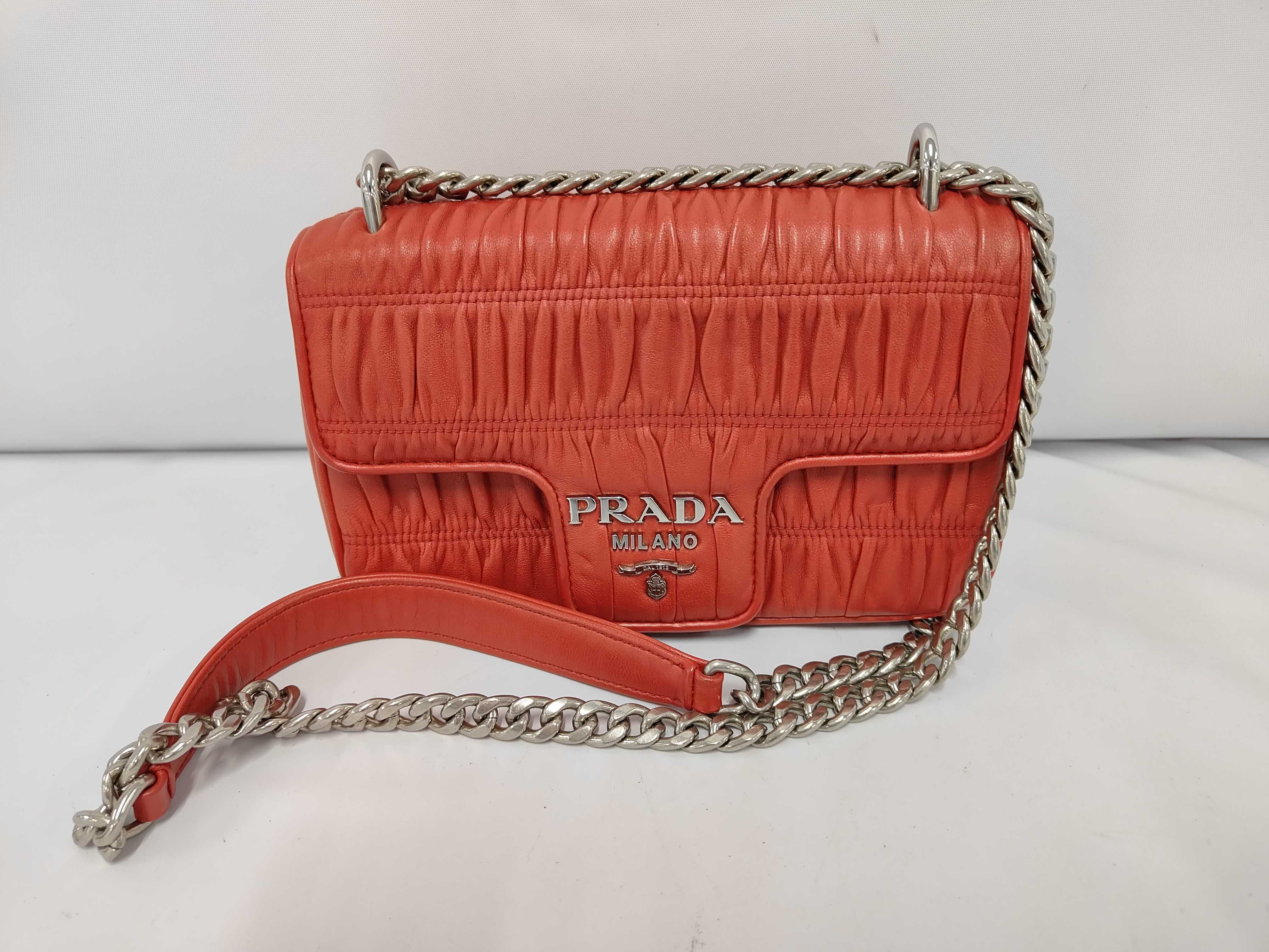 Small Chain Flap Bag in Red Nappa/Gaufré Leather with Silver Hardware