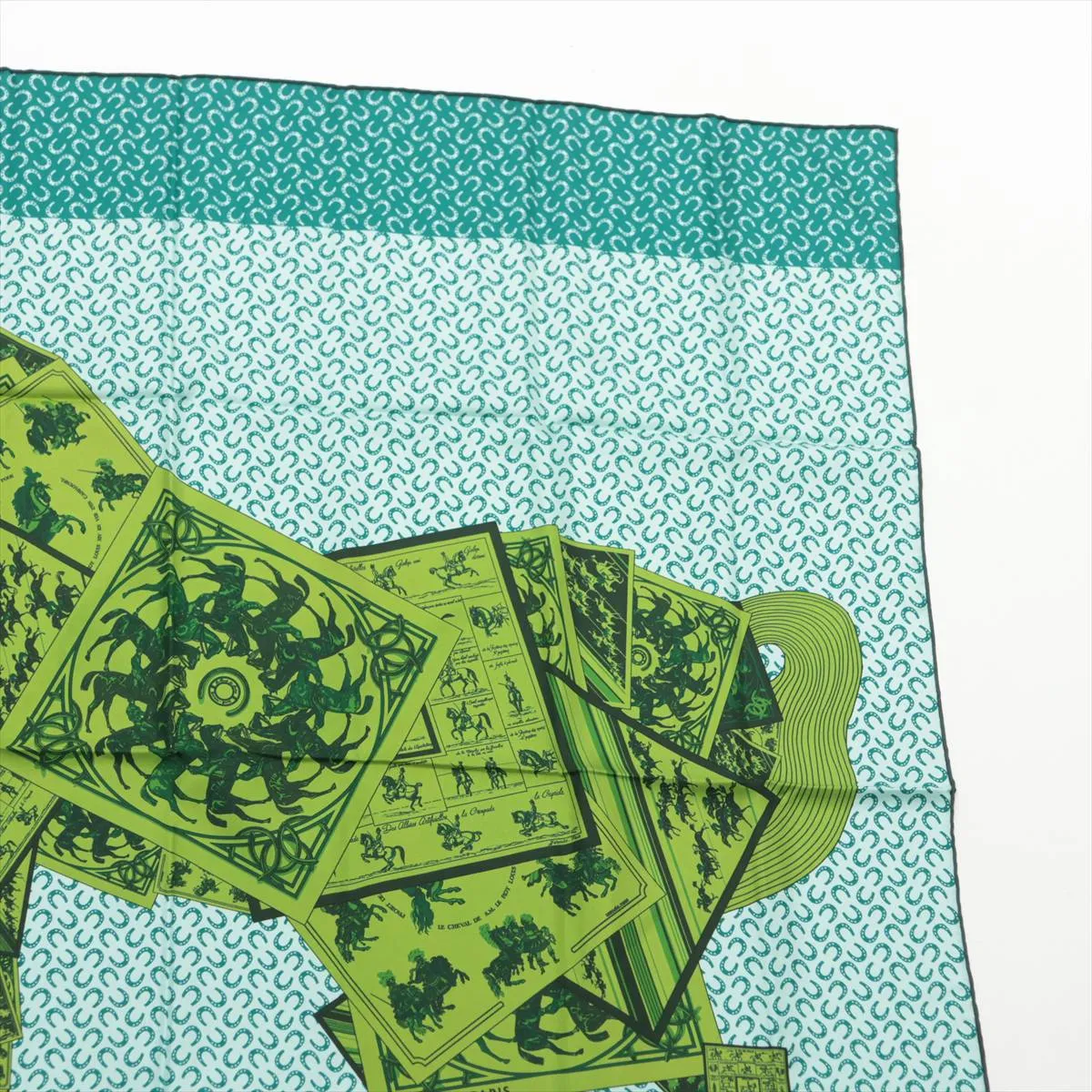 Carre 90 "A Cheval sur mon Carre" (Riding on a Horse) Scarf, Silk, Green, with some wear, snags, and ink — view 3