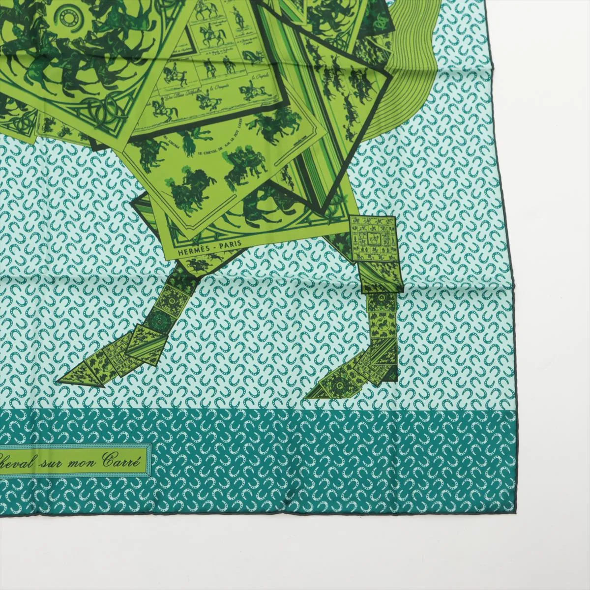 Carre 90 "A Cheval sur mon Carre" (Riding on a Horse) Scarf, Silk, Green, with some wear, snags, and ink — view 4