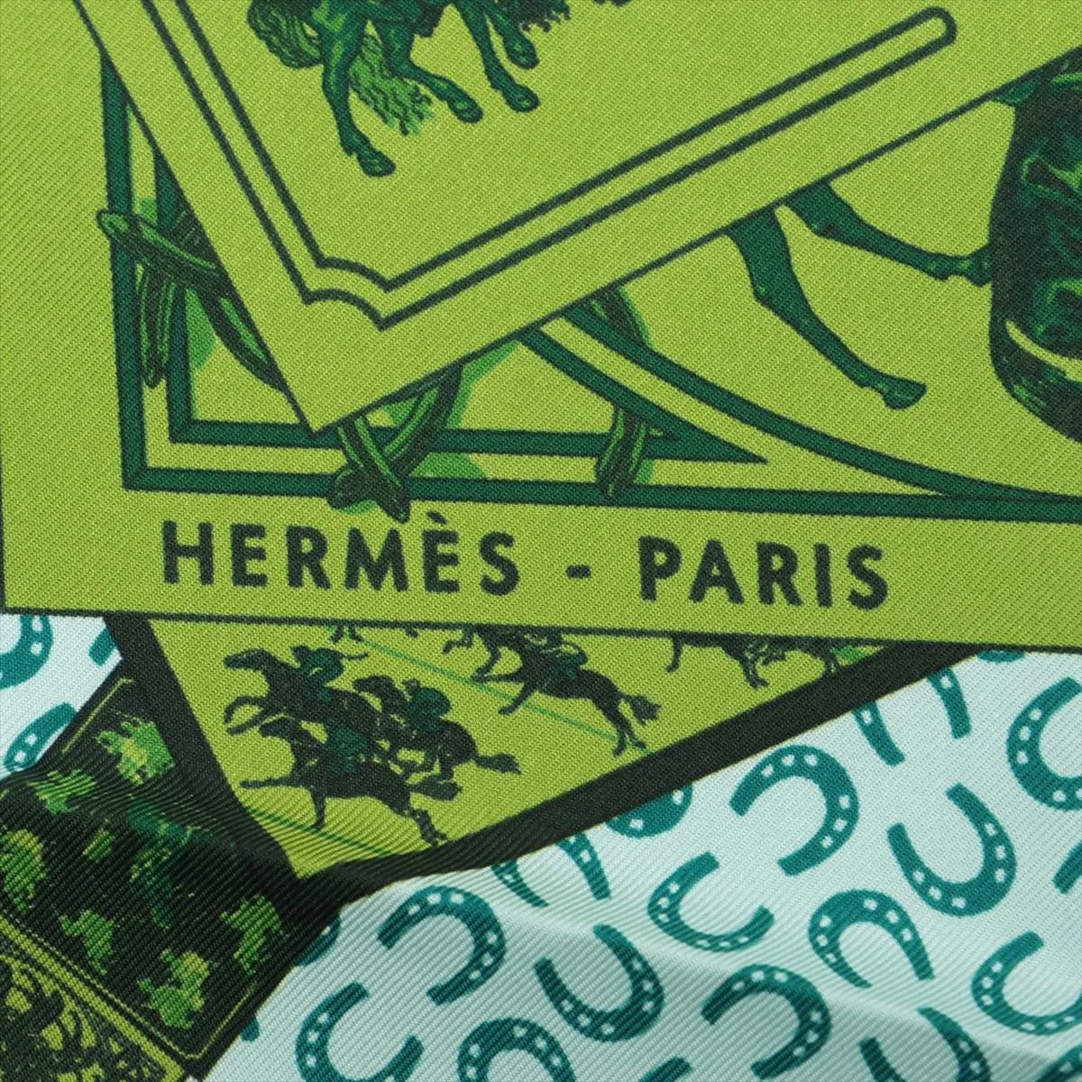 Carre 90 "A Cheval sur mon Carre" (Riding on a Horse) Scarf, Silk, Green, with some wear, snags, and ink — view 6