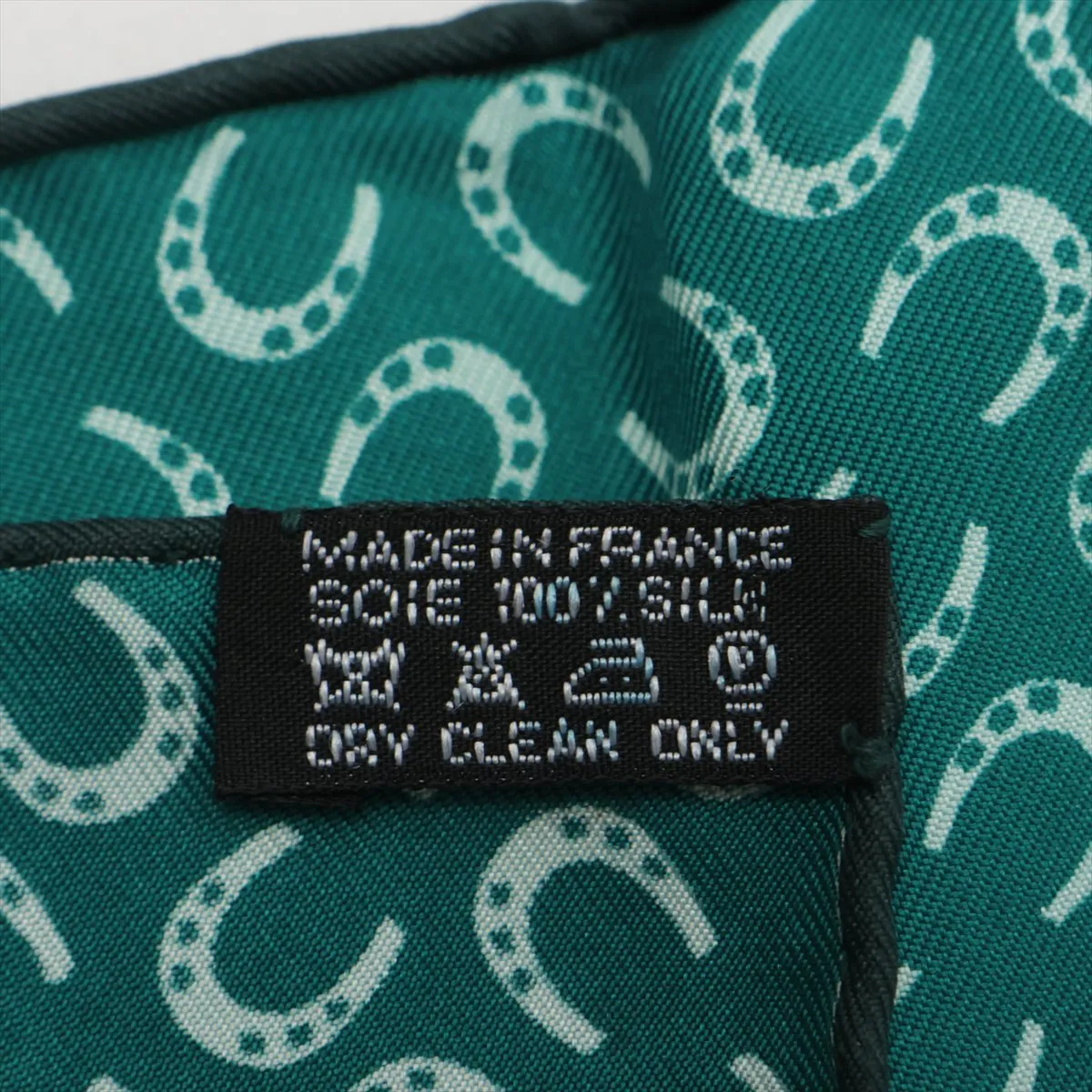 Carre 90 "A Cheval sur mon Carre" (Riding on a Horse) Scarf, Silk, Green, with some wear, snags, and ink — view 7