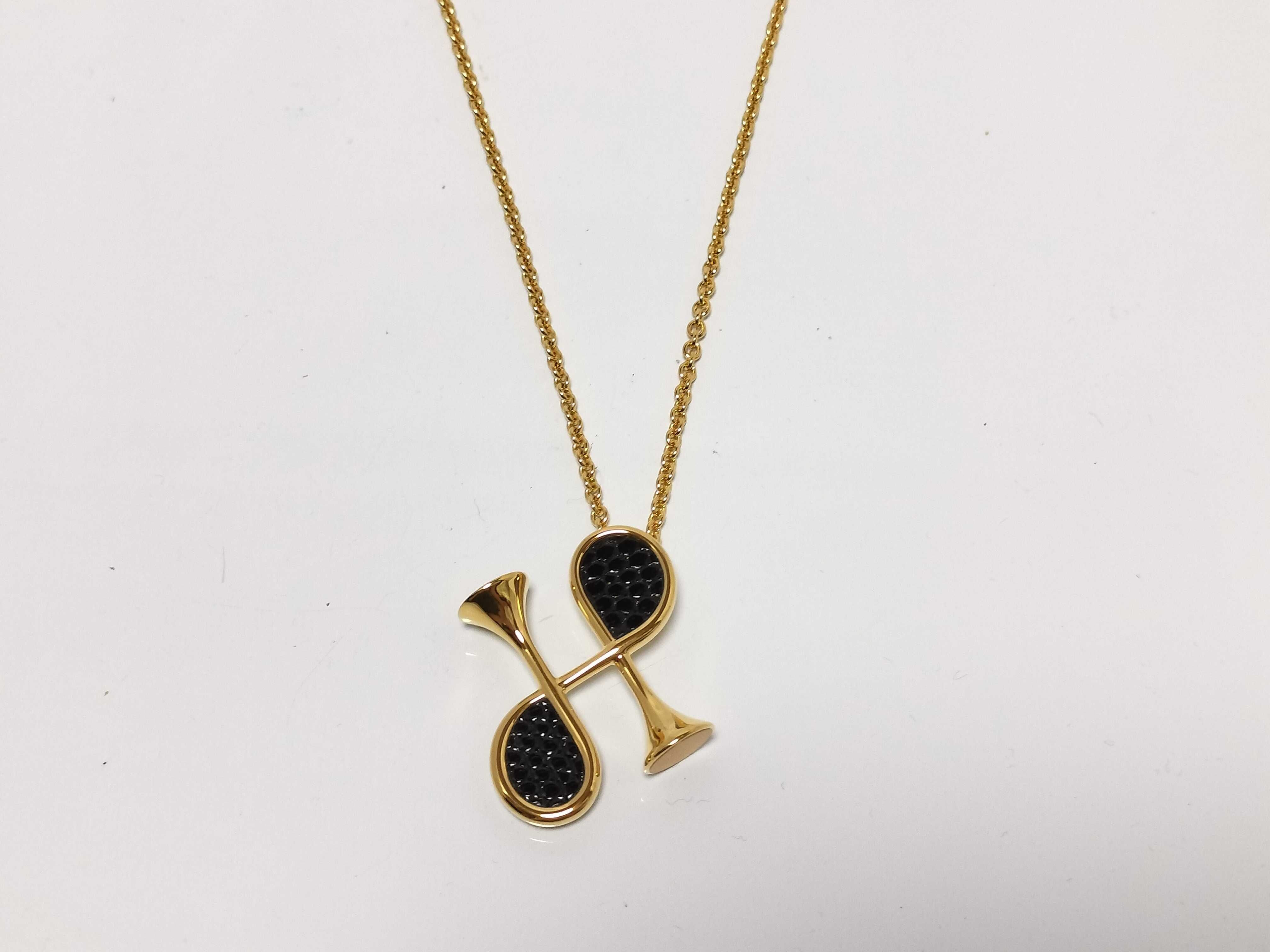 Exotic Leather Col H Necklace, Lizard Black x Gold Hardware, Unused Hermes Necklace