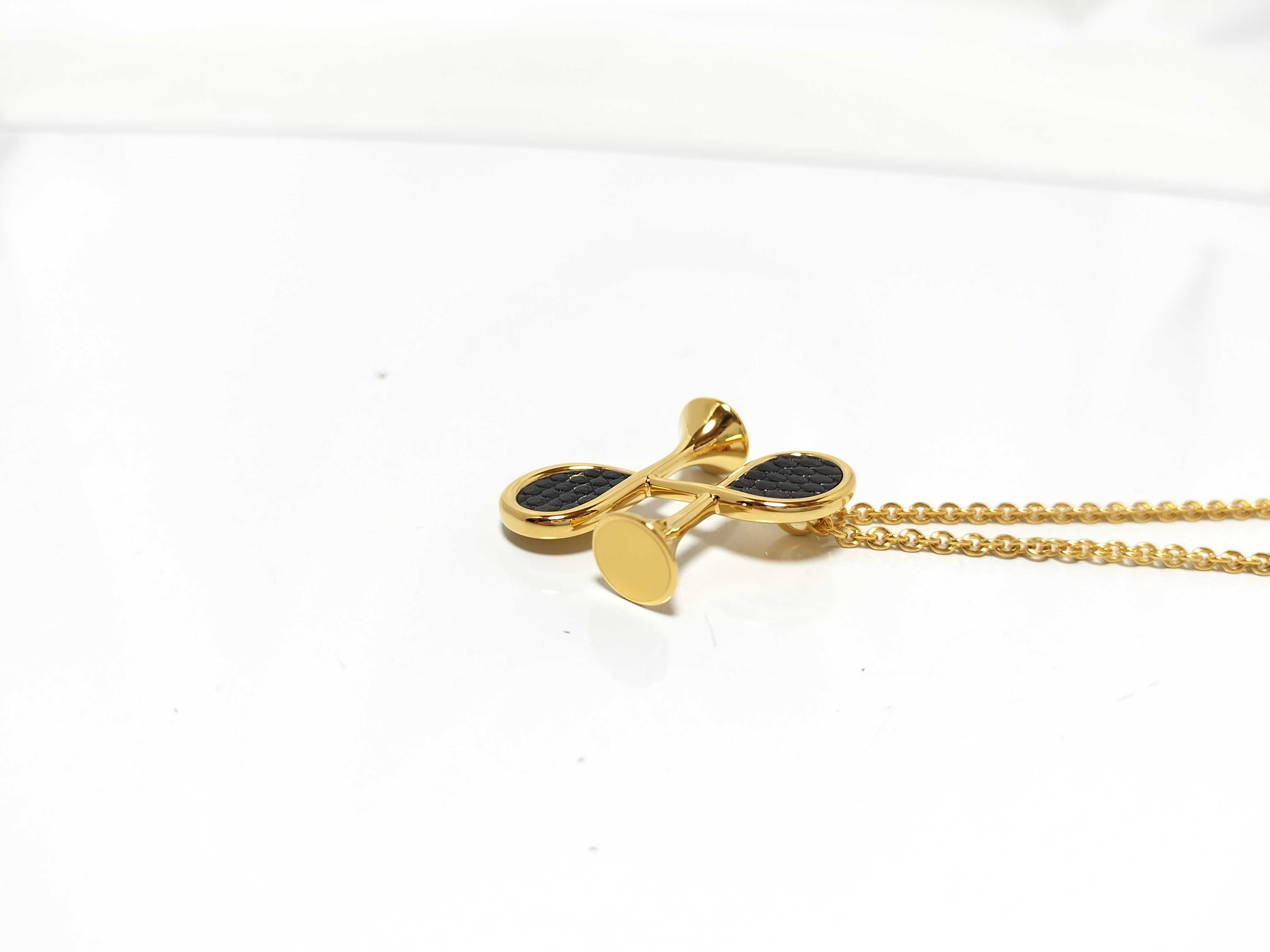 Exotic Leather Col H Necklace, Lizard Black x Gold Hardware, Unused Hermes Necklace — view 4