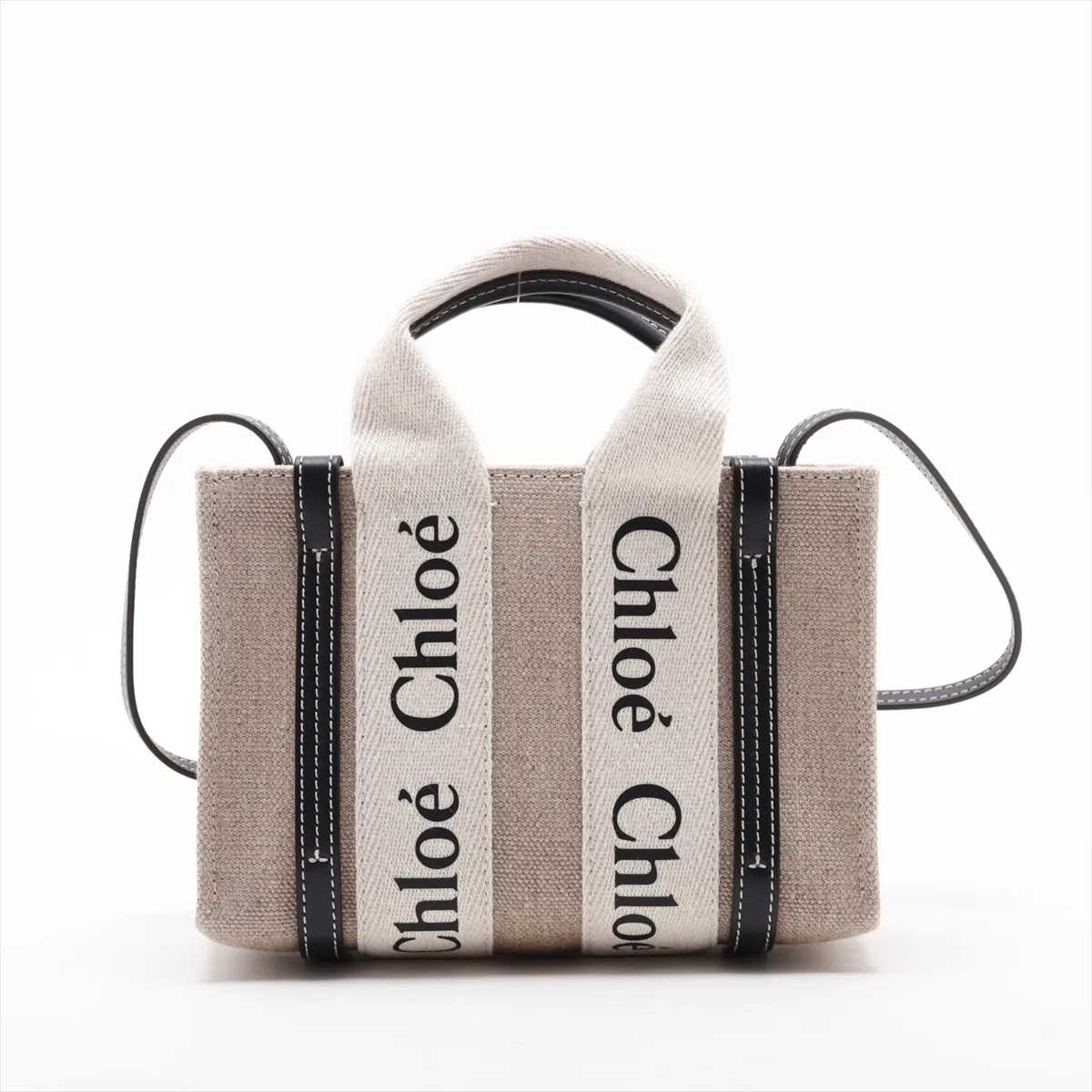 Woody Mini Canvas x Leather 2-Way Handbag, Beige x Navy — view 2