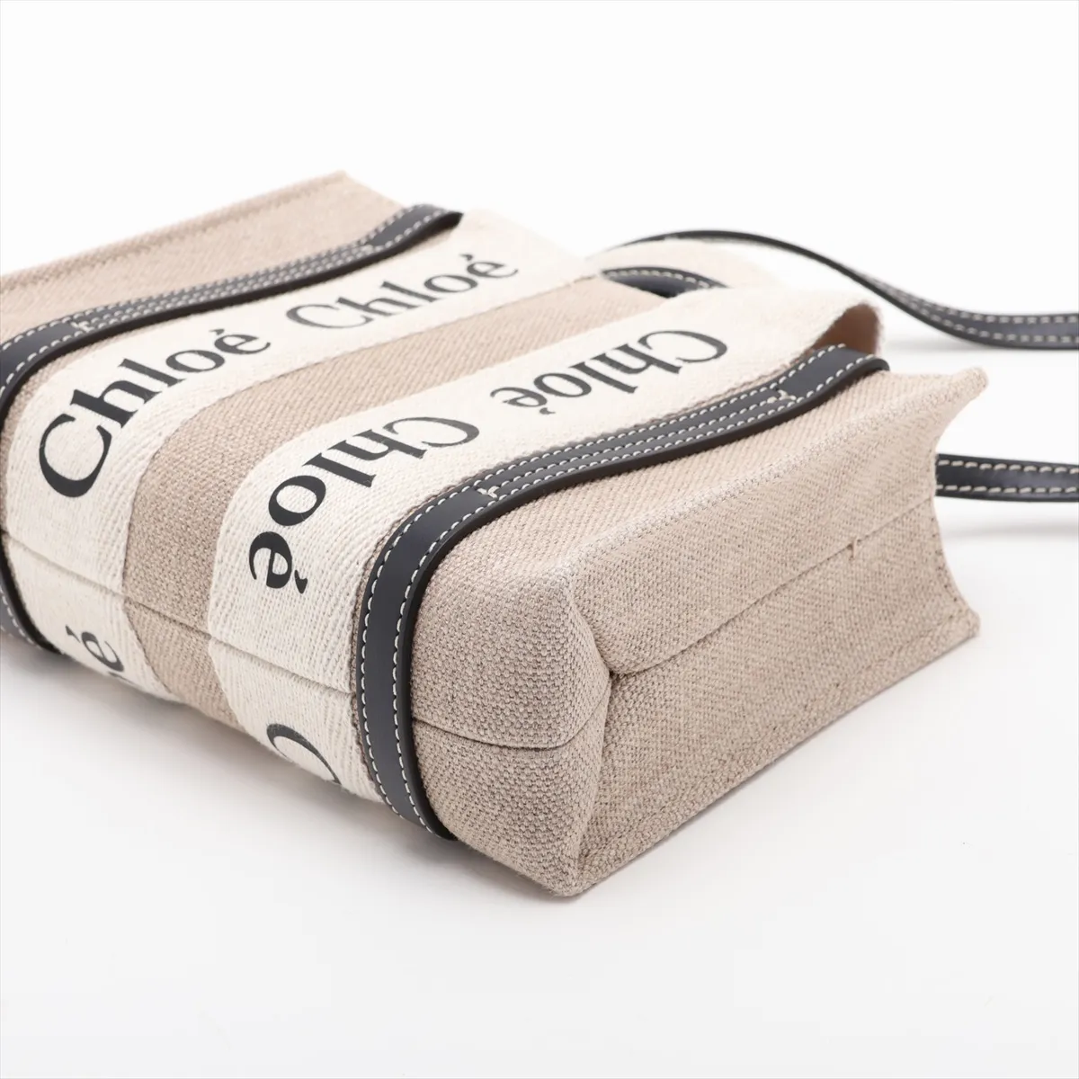Woody Mini Canvas x Leather 2-Way Handbag, Beige x Navy — view 3