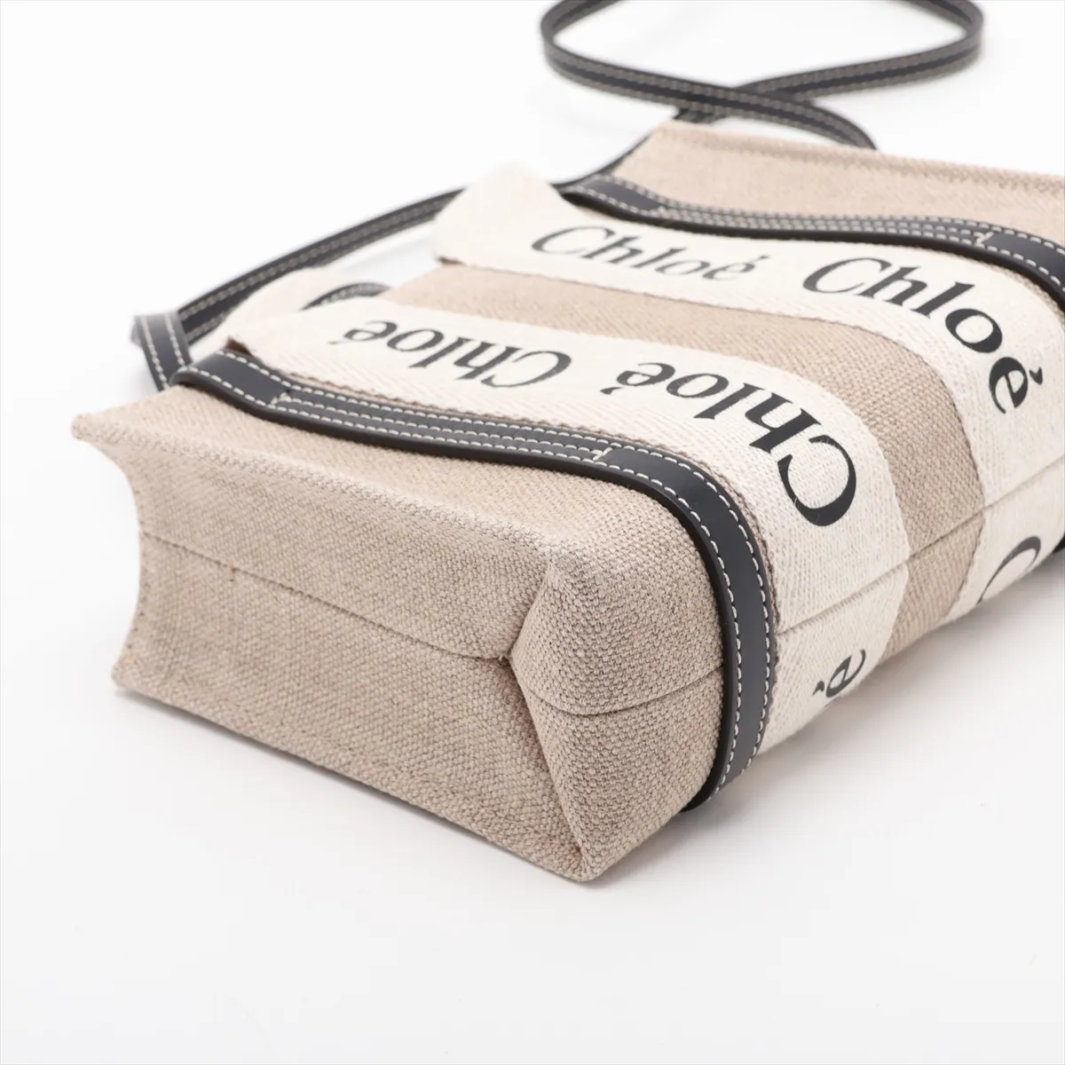 Woody Mini Canvas x Leather 2-Way Handbag, Beige x Navy — view 4