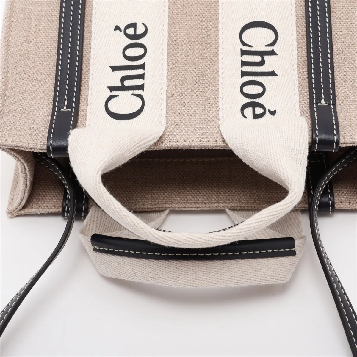 Woody Mini Canvas x Leather 2-Way Handbag, Beige x Navy — view 5