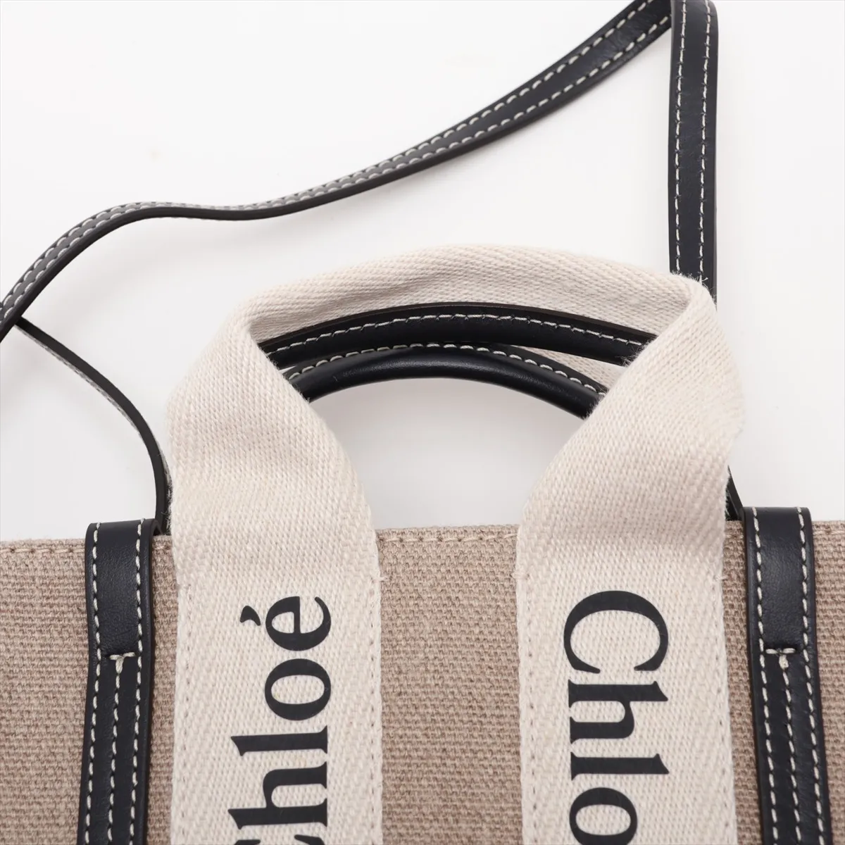 Woody Mini Canvas x Leather 2-Way Handbag, Beige x Navy — view 6