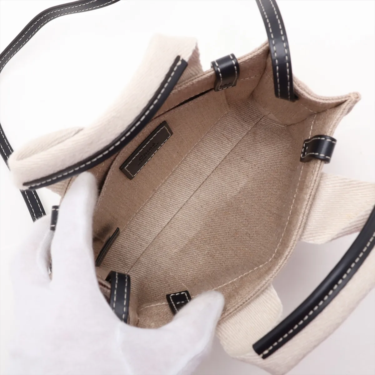Woody Mini Canvas x Leather 2-Way Handbag, Beige x Navy — view 8