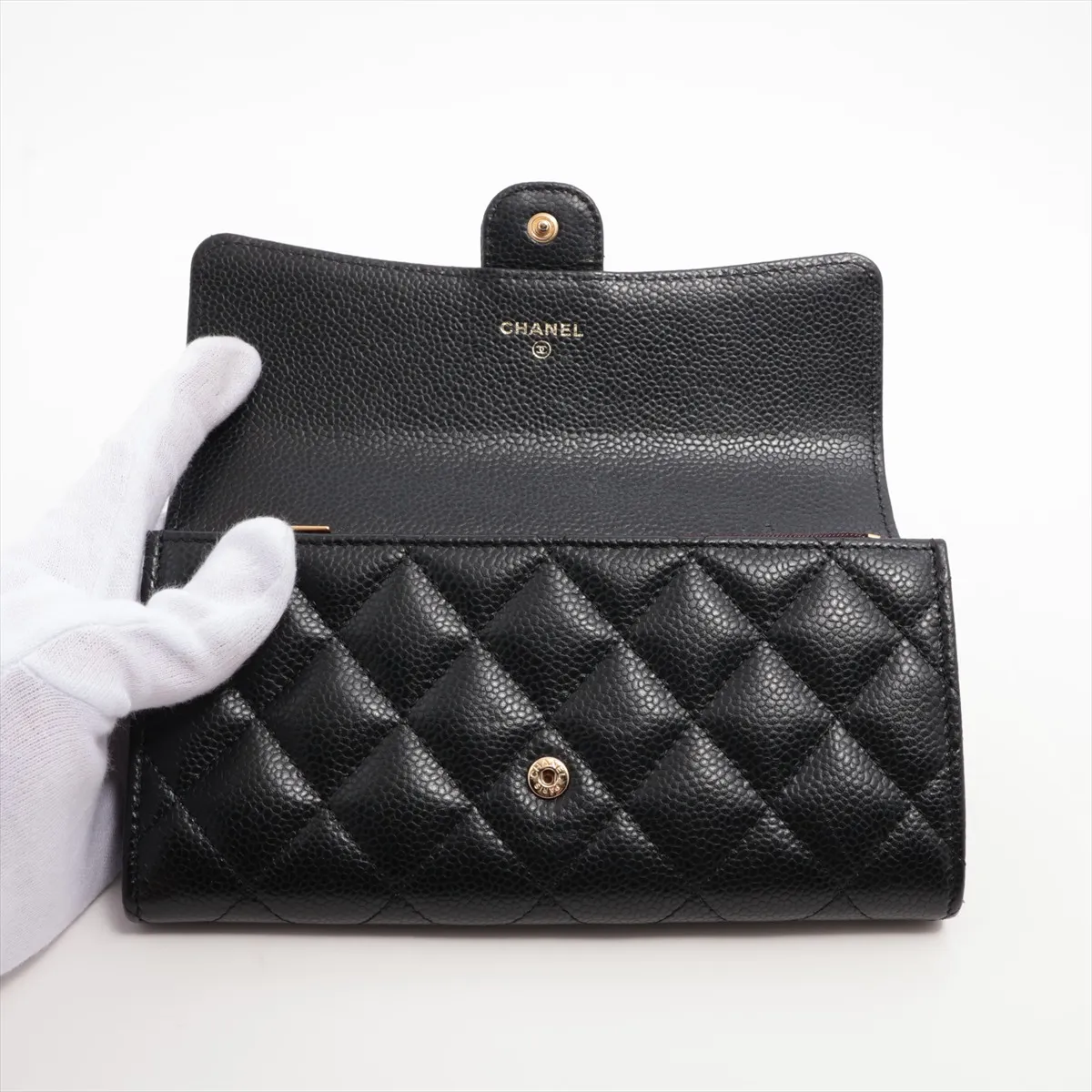 Matelassé Caviar Leather Long Wallet, Black with Gold Hardware, X353KTUA — view 3