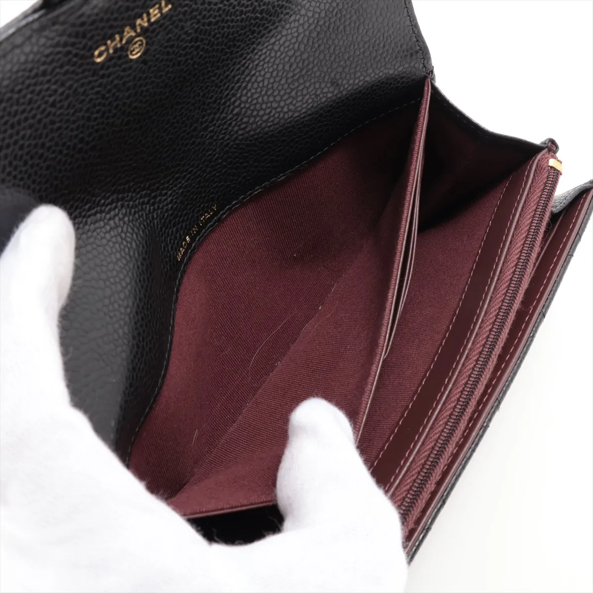 Matelassé Caviar Leather Long Wallet, Black with Gold Hardware, X353KTUA — view 4