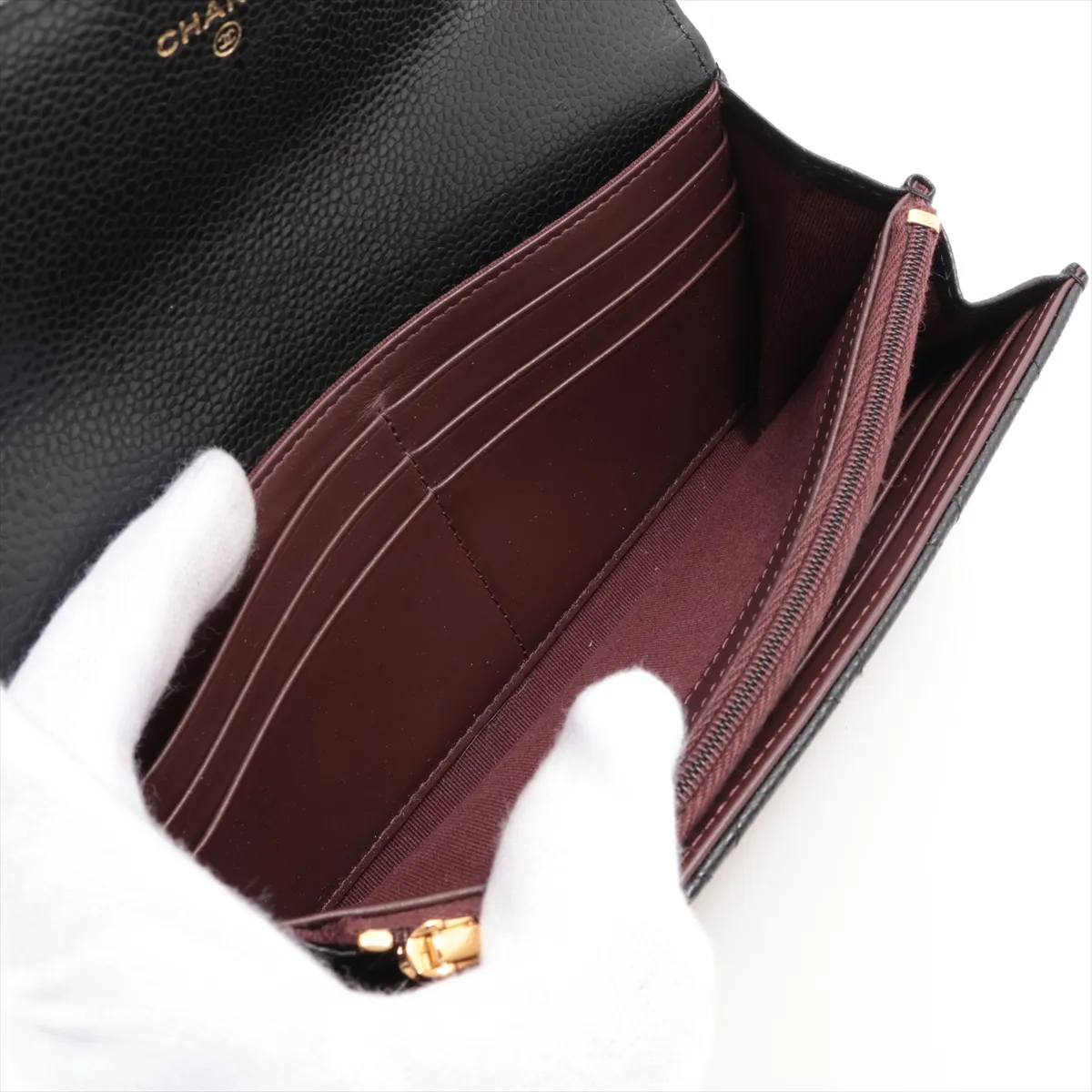Matelassé Caviar Leather Long Wallet, Black with Gold Hardware, X353KTUA — view 5