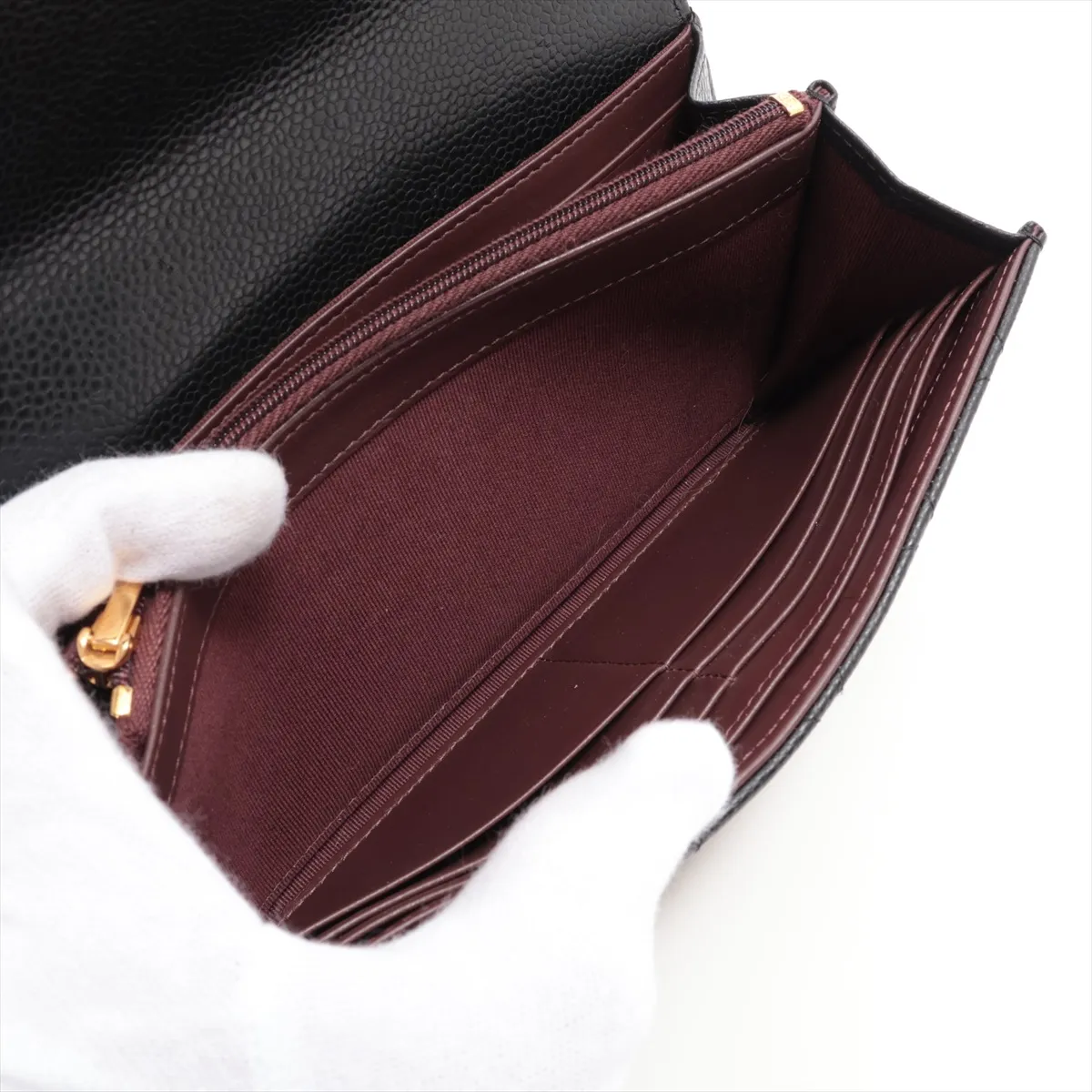 Matelassé Caviar Leather Long Wallet, Black with Gold Hardware, X353KTUA — view 6