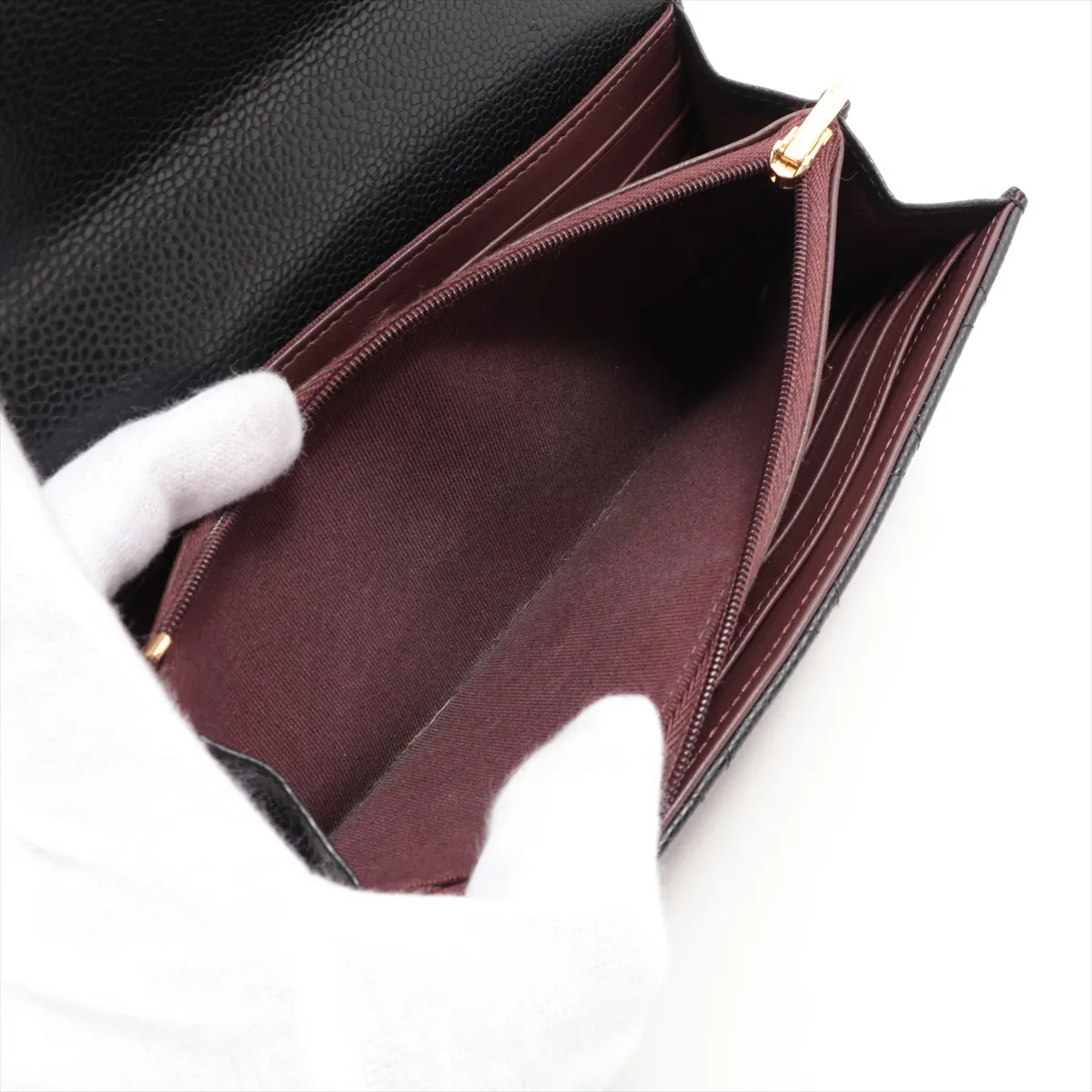 Matelassé Caviar Leather Long Wallet, Black with Gold Hardware, X353KTUA — view 8