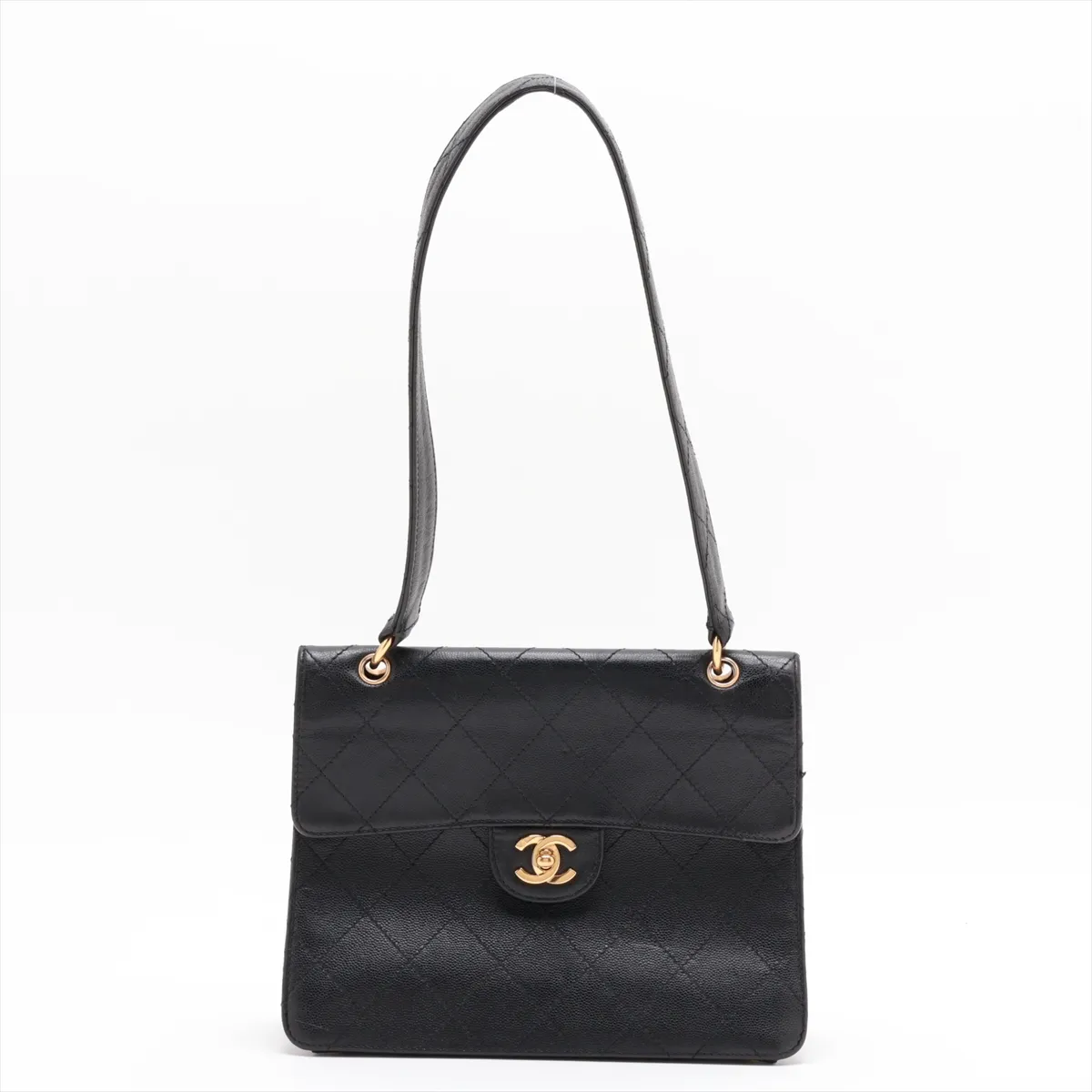 Matelassé Caviar Skin Single Flap Double Chain Bag, Black with Gold Hardware