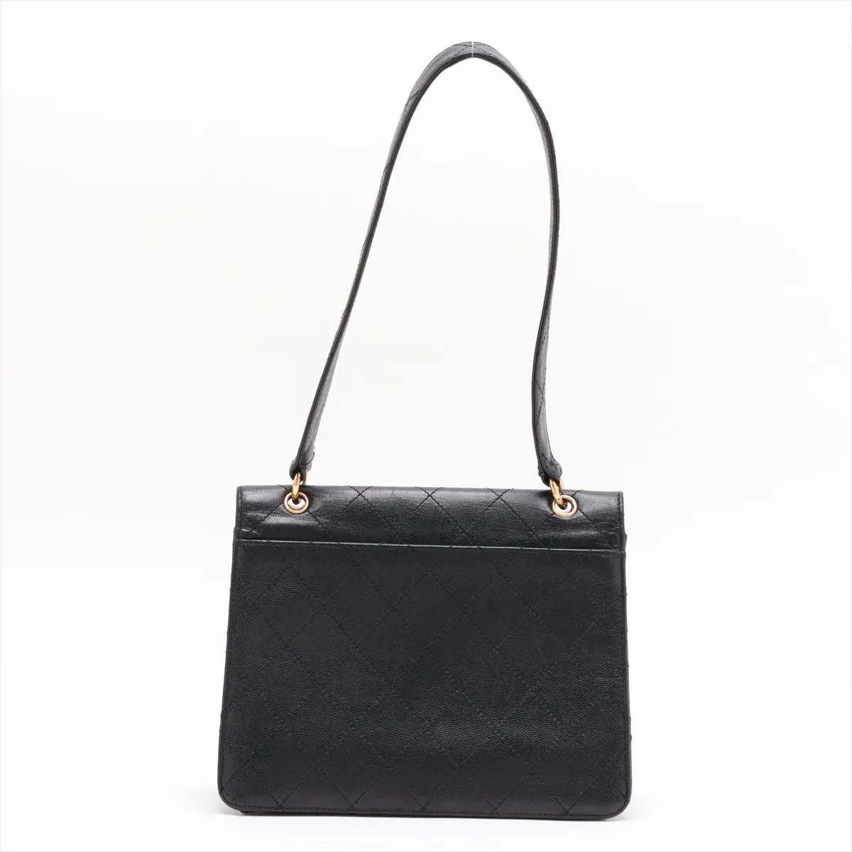 Matelassé Caviar Skin Single Flap Double Chain Bag, Black with Gold Hardware — view 2