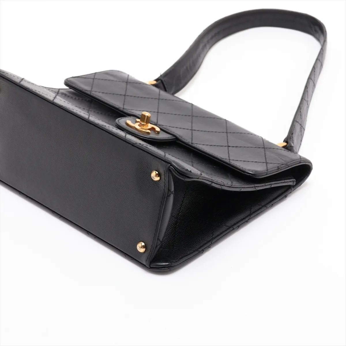 Matelassé Caviar Skin Single Flap Double Chain Bag, Black with Gold Hardware — view 3