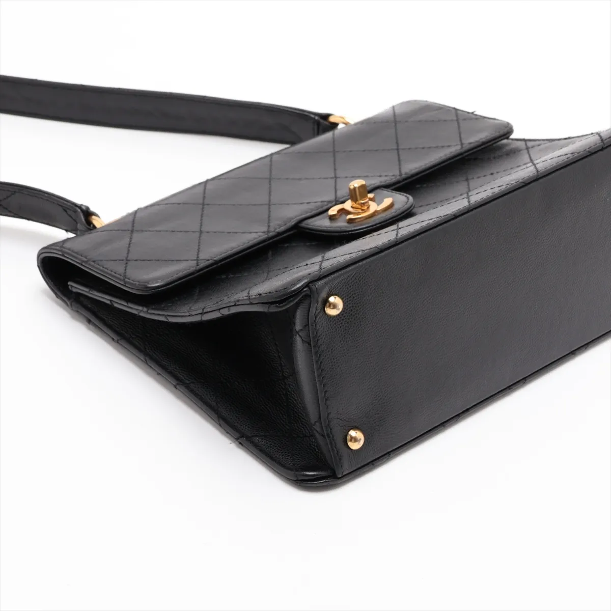 Matelassé Caviar Skin Single Flap Double Chain Bag, Black with Gold Hardware — view 4
