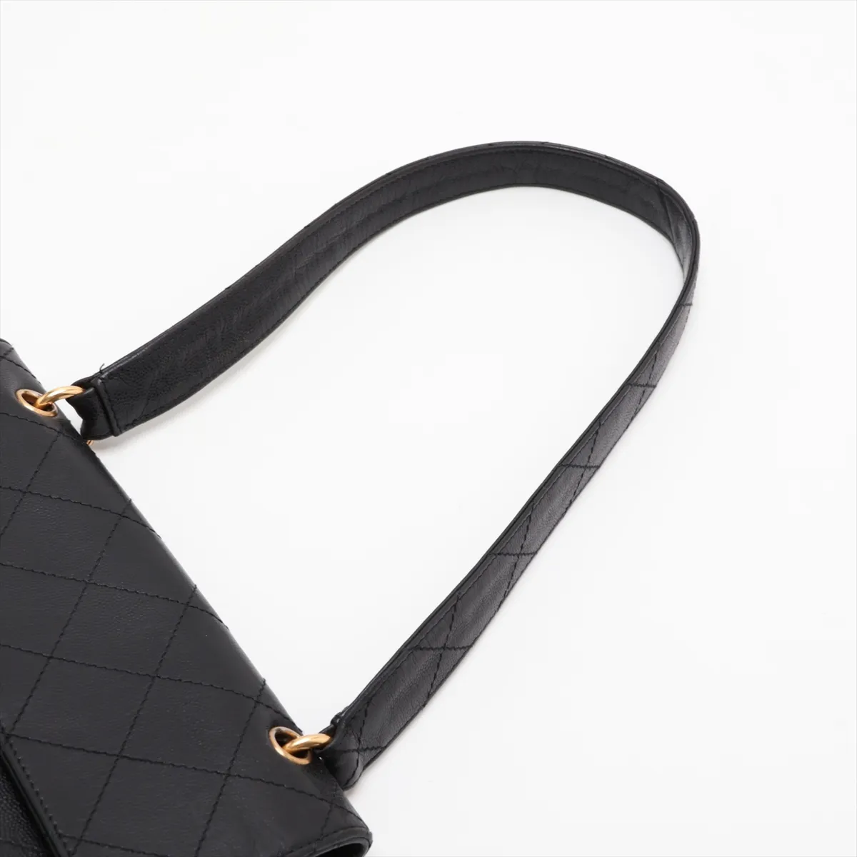 Matelassé Caviar Skin Single Flap Double Chain Bag, Black with Gold Hardware — view 5