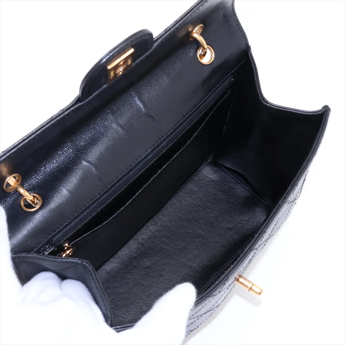Matelassé Caviar Skin Single Flap Double Chain Bag, Black with Gold Hardware — view 6