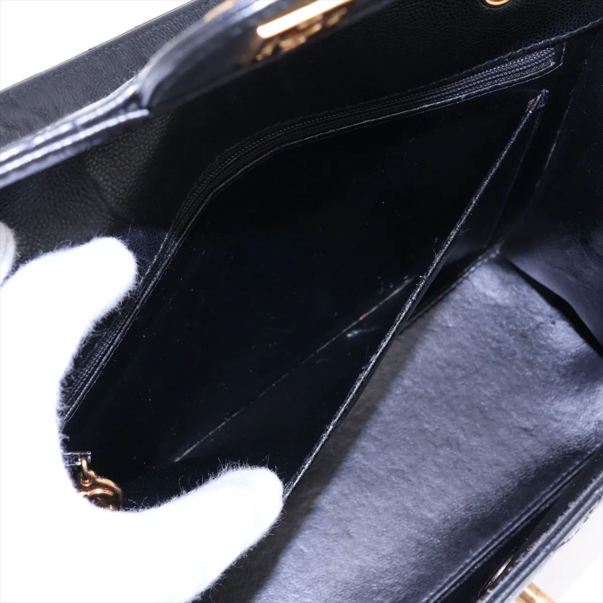 Matelassé Caviar Skin Single Flap Double Chain Bag, Black with Gold Hardware — view 7