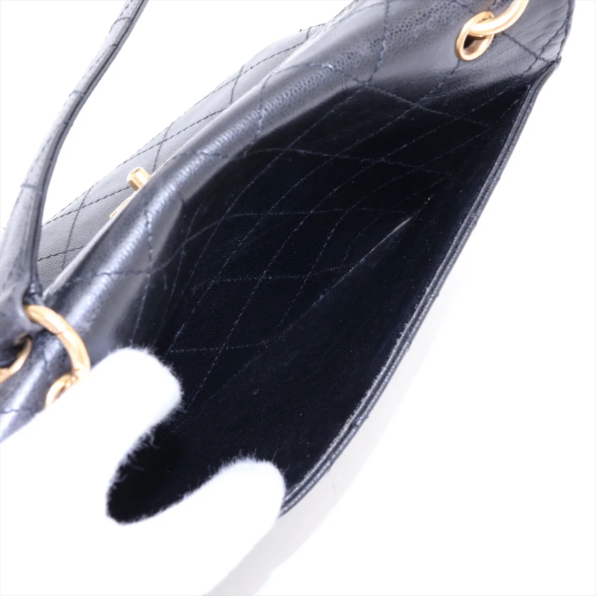 Matelassé Caviar Skin Single Flap Double Chain Bag, Black with Gold Hardware — view 8