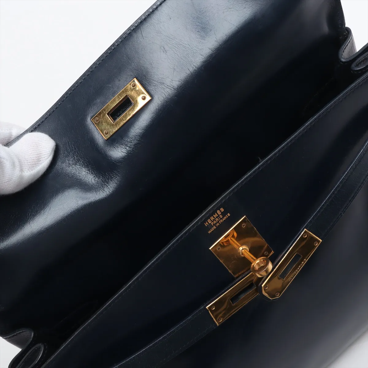 [Individually wrapped] Hermes Kelly 32 Le Tourne Box Calf Navy Gold Hardware J:1980 — view 14