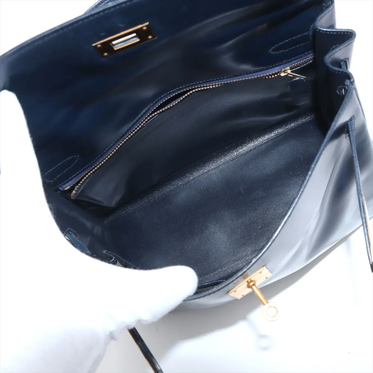 [Individually wrapped] Hermes Kelly 32 Le Tourne Box Calf Navy Gold Hardware J:1980 — view 7