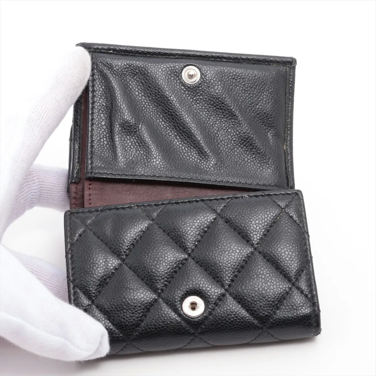 Matelassé Caviar Skin Compact Wallet, Black, Silver Hardware, Serial Number Sticker — view 3