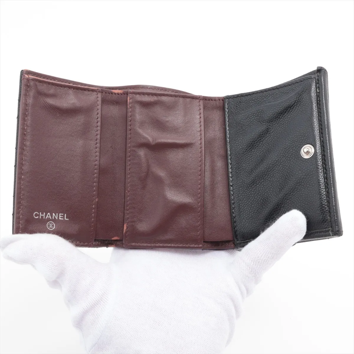 Matelassé Caviar Skin Compact Wallet, Black, Silver Hardware, Serial Number Sticker — view 4