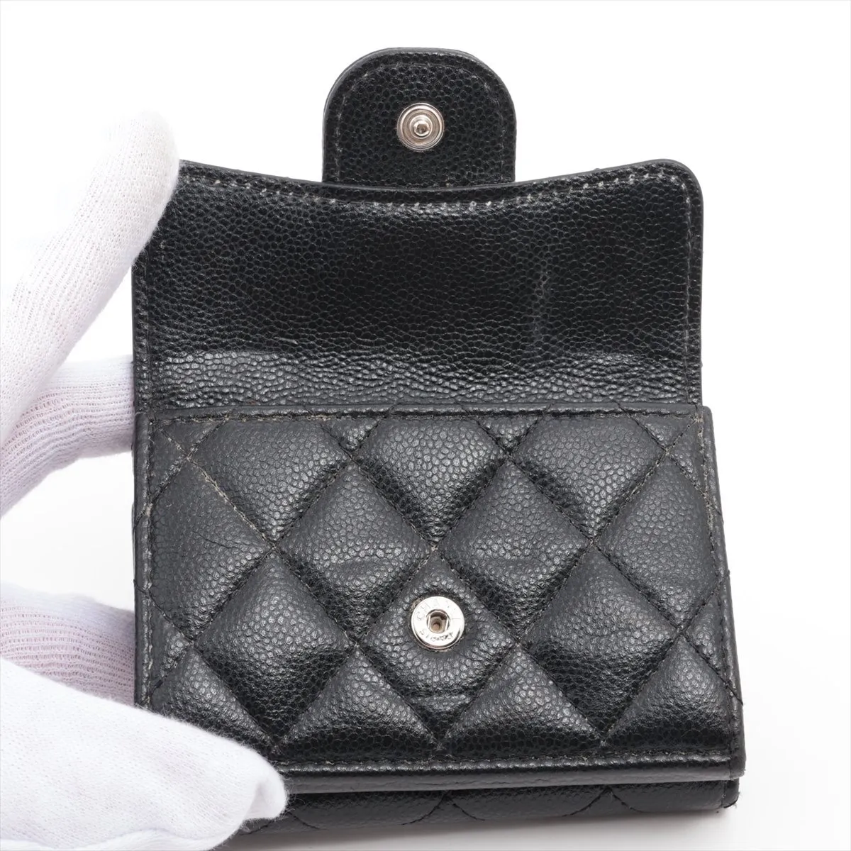 Matelassé Caviar Skin Compact Wallet, Black, Silver Hardware, Serial Number Sticker — view 5