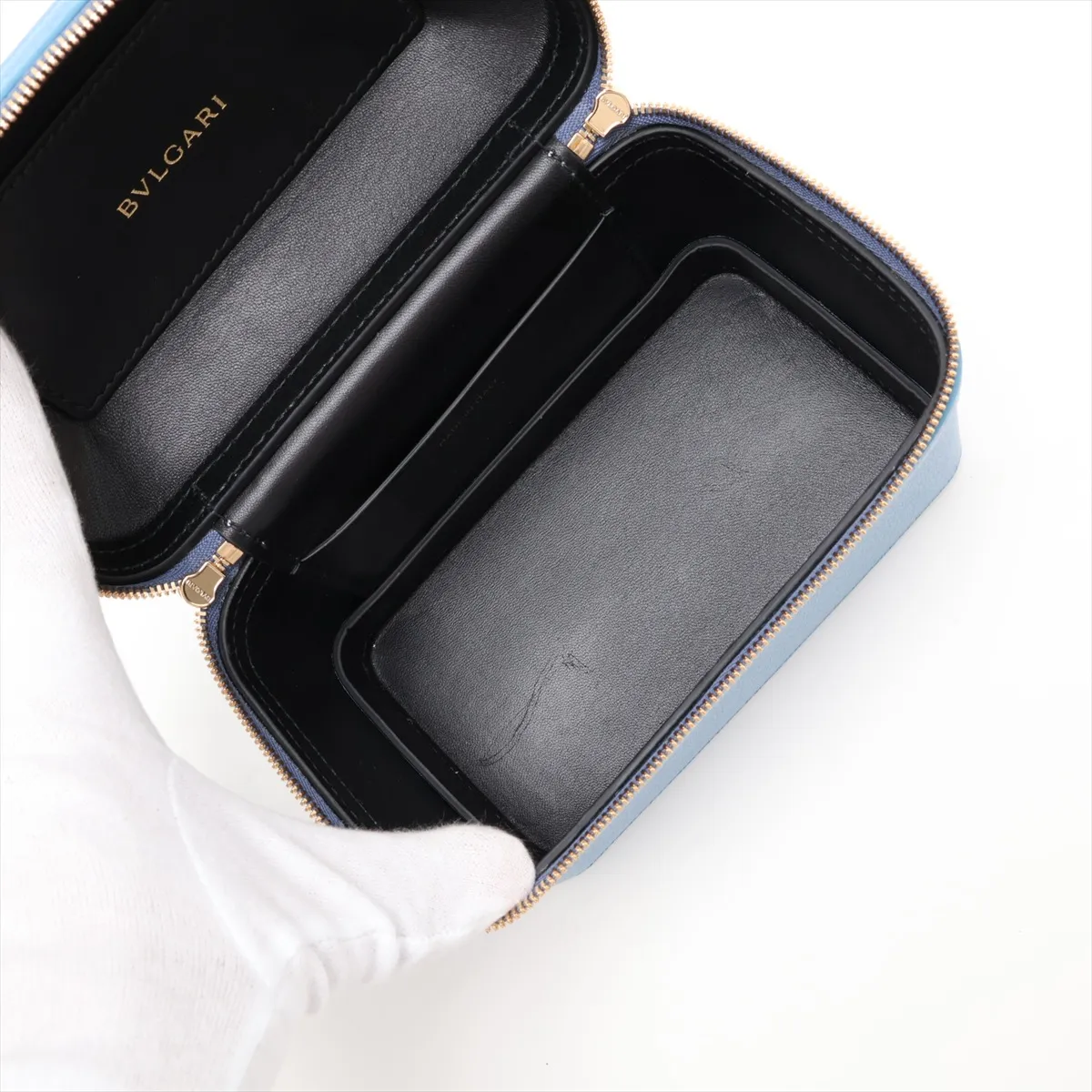 Serpenti Leather 2-Way Vanity Bag, Blue, with Mirror — view 8