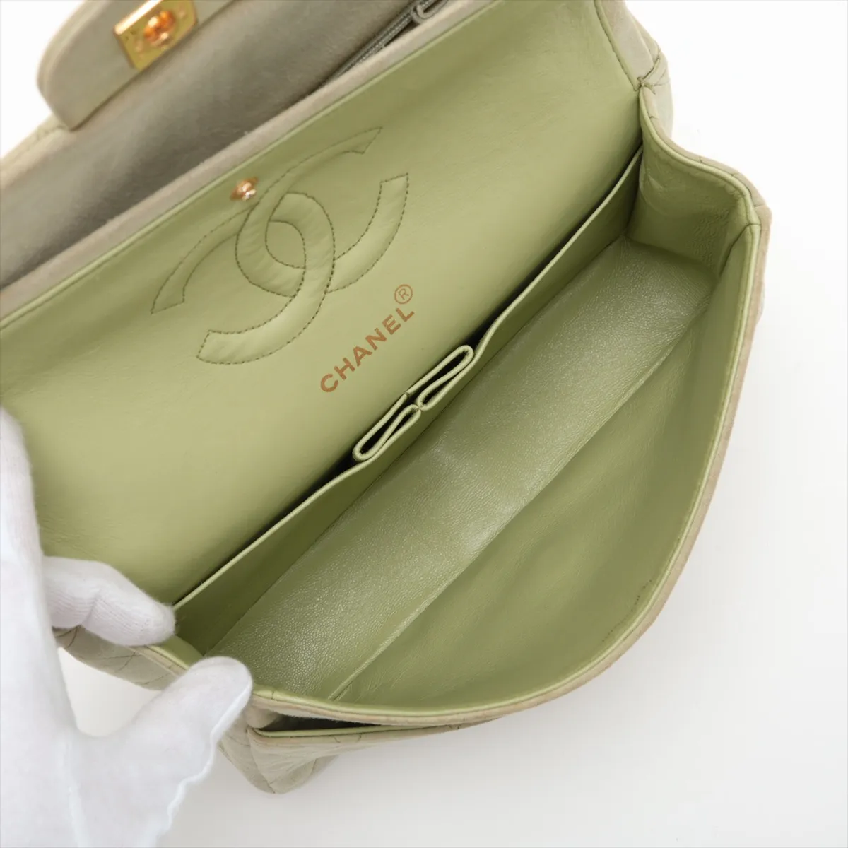 Matelassé 25 Suede Double Flap Double Chain Bag, Green, Gold Hardware, 2692767, Series 2, A01112 — view 7