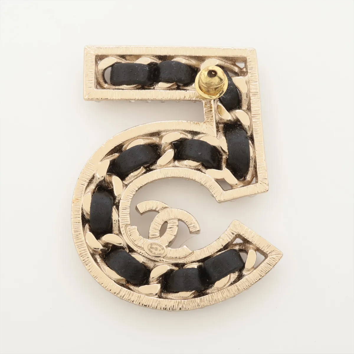 Coco Mark No. 5 B23P Earring (Pair, only one earring sold) GP x Rhinestone x Leather Black x Gold — view 2