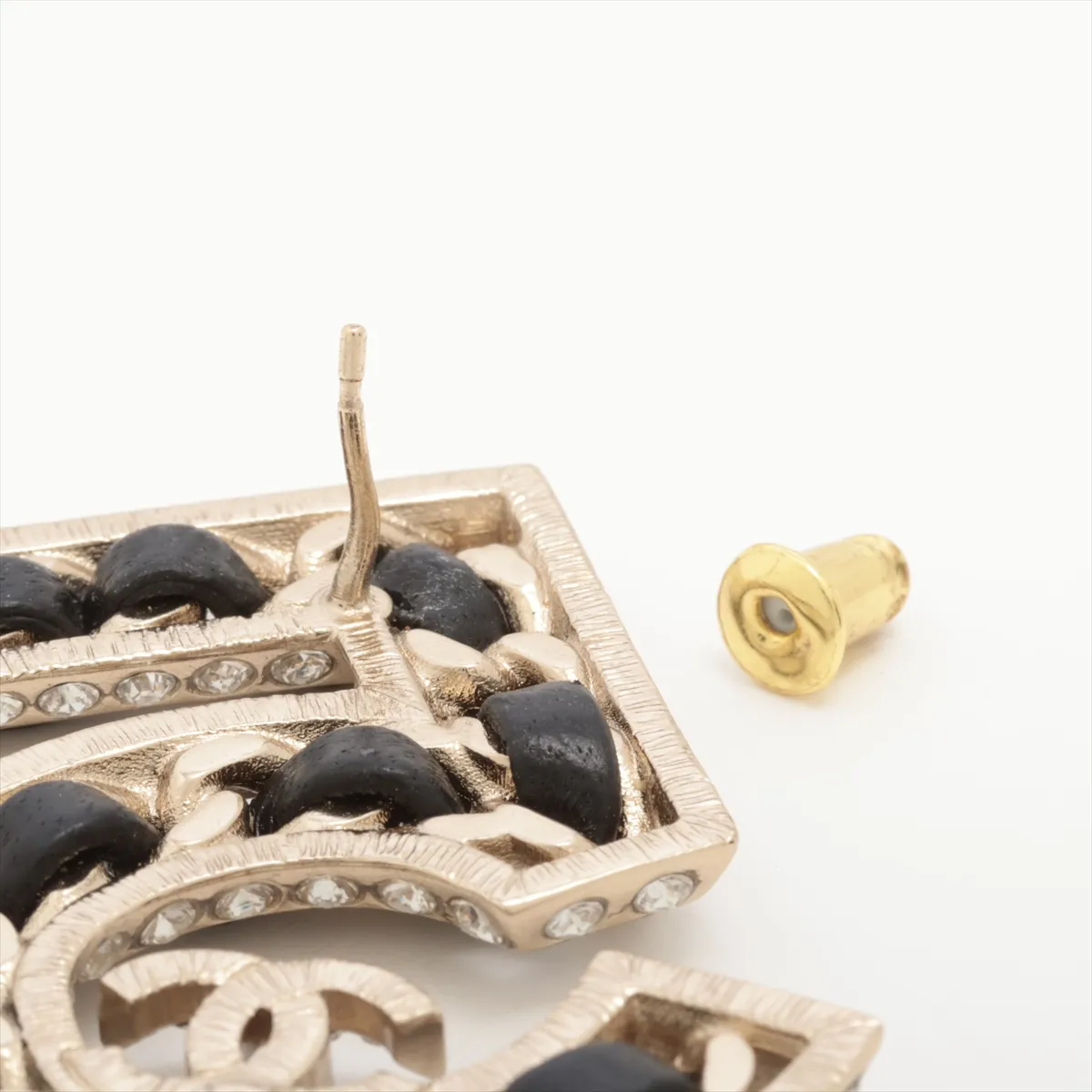 Coco Mark No. 5 B23P Earring (Pair, only one earring sold) GP x Rhinestone x Leather Black x Gold — view 3